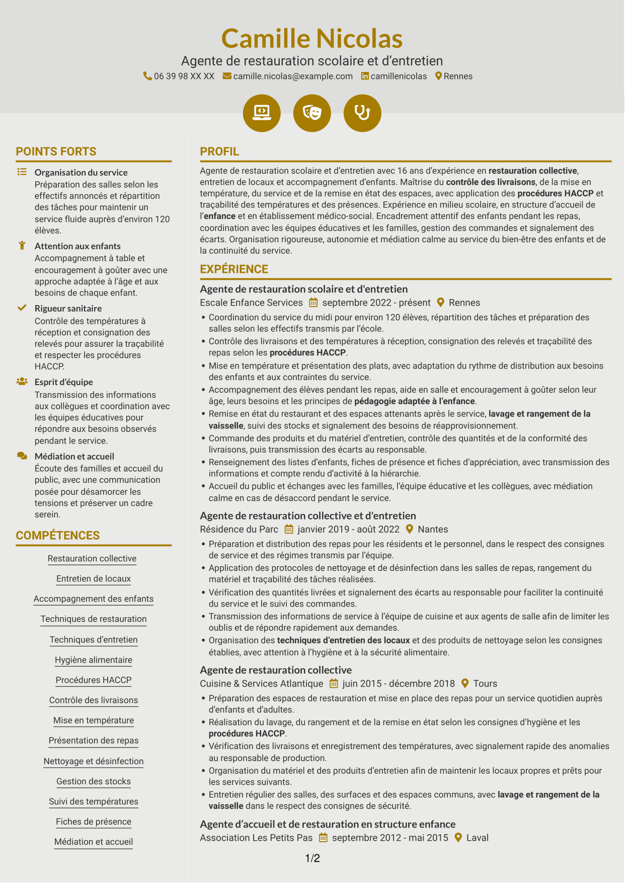 CV Dynamique (format à deux colonnes avec icônes) : Agent de restauration scolaire et d'entretien, page 1