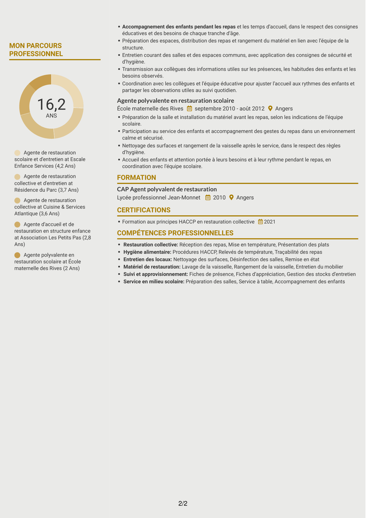 CV Dynamique (format à deux colonnes avec icônes) : Agent de restauration scolaire et d'entretien, page 2