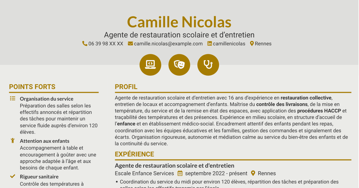 7 modèles de CV pour Agent de restauration scolaire et d'entretien, avec exemples