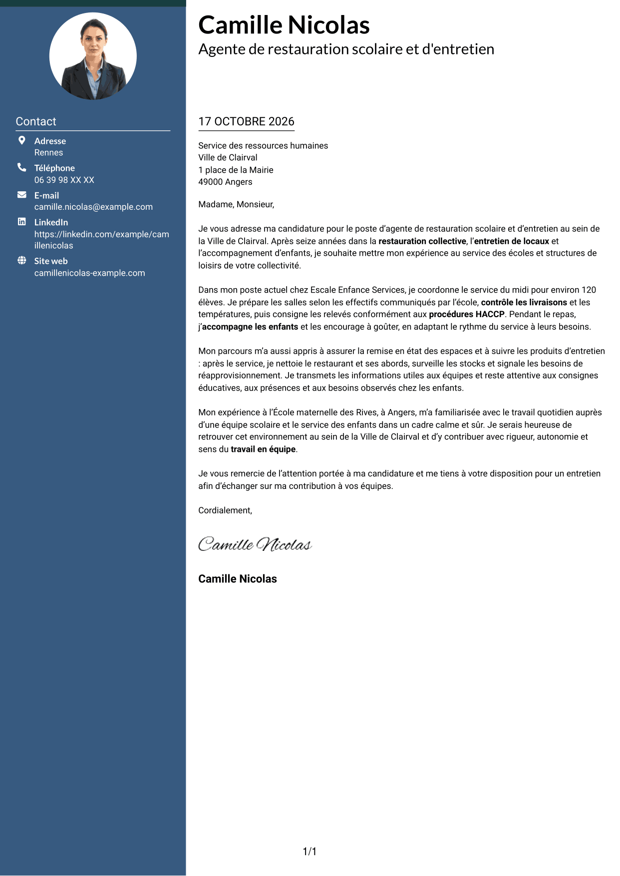 Lettre de motivation Élégant (format à colonne latérale colorée avec photo) : Agent de restauration scolaire et d'entretien, page 1