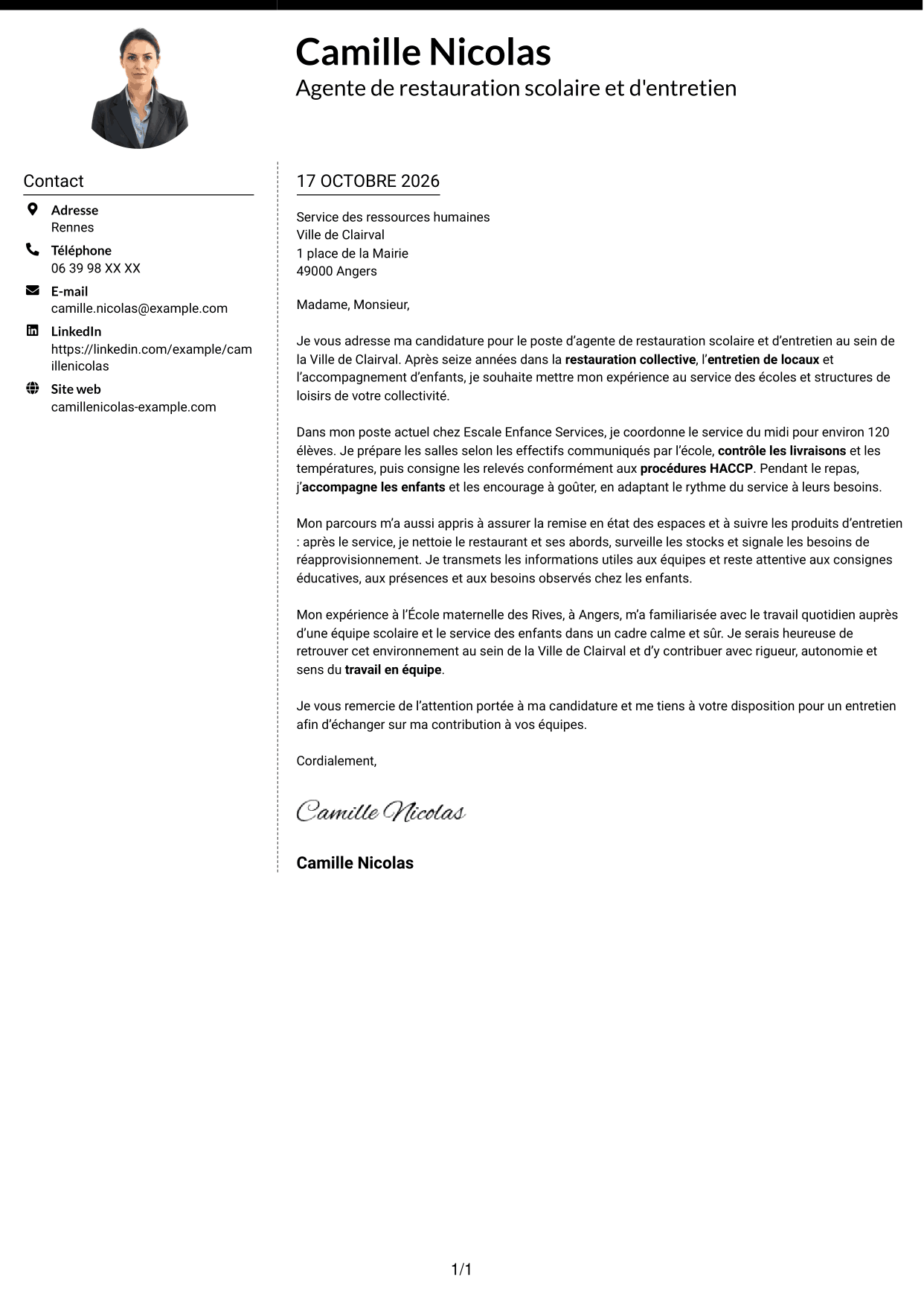 Lettre de motivation Moderne (format à deux colonnes avec photo à gauche et séparateur) : Agent de restauration scolaire et d'entretien, page 1