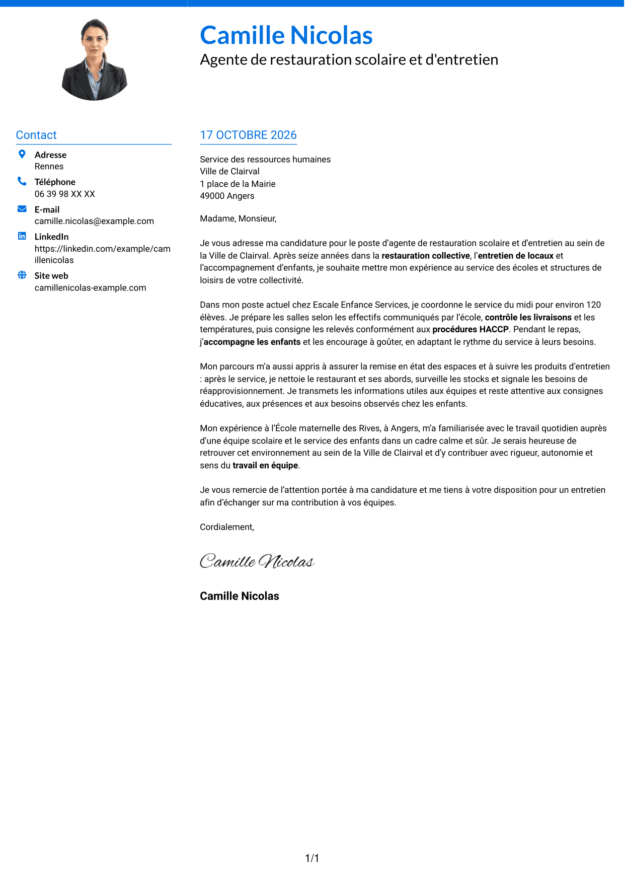 Lettre de motivation Audacieux (format à deux colonnes avec accents colorés et photo) : Agent de restauration scolaire et d'entretien, page 1