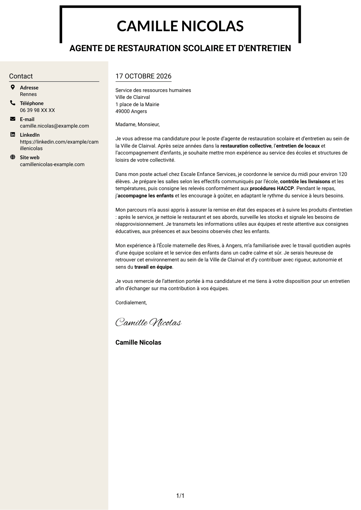 Lettre de motivation Fonceur (format à deux colonnes avec en-tête centré sans photo) : Agent de restauration scolaire et d'entretien, page 1
