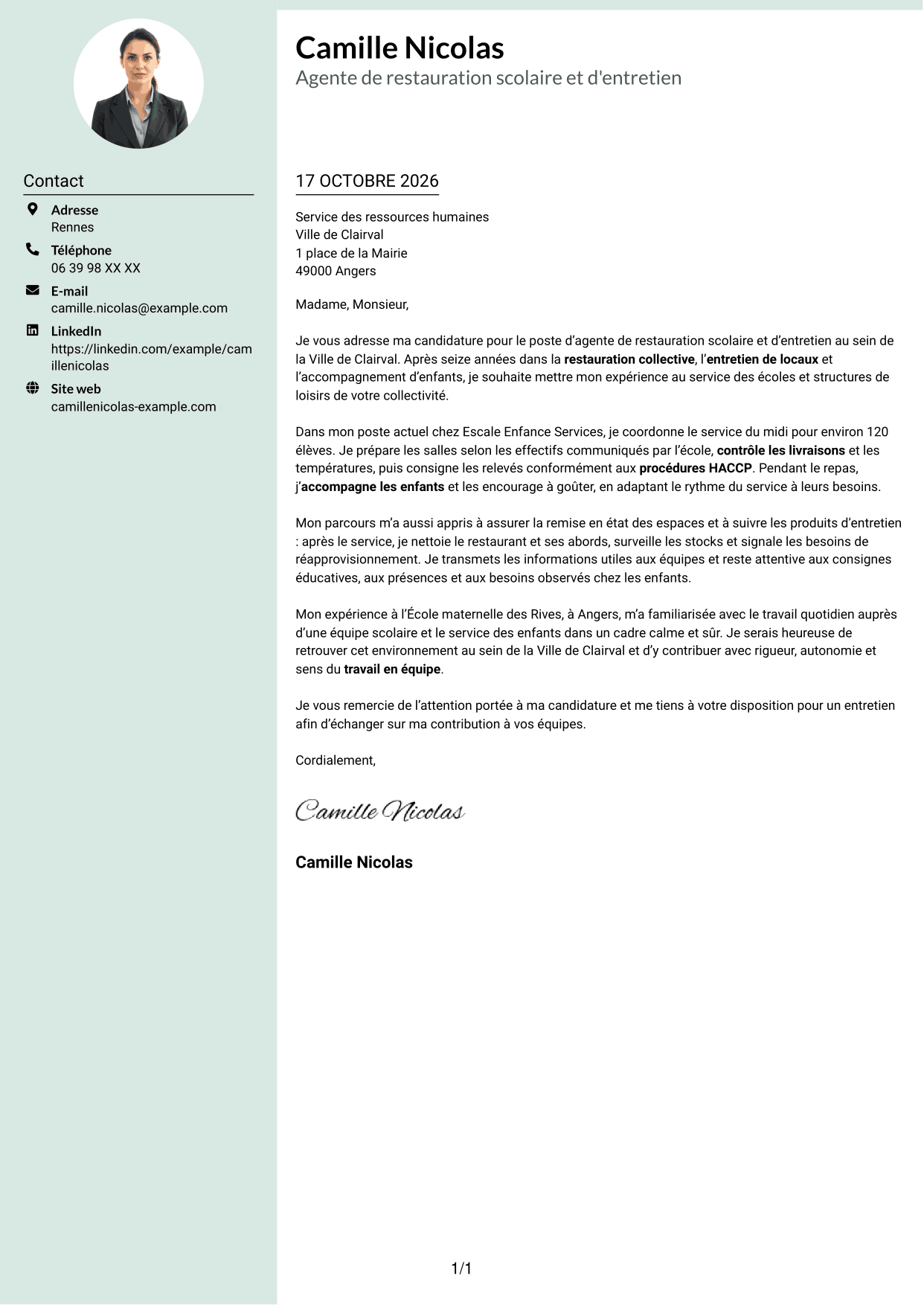 Lettre de motivation Cadre (format à colonne latérale douce avec photo arrondie) : Agent de restauration scolaire et d'entretien, page 1