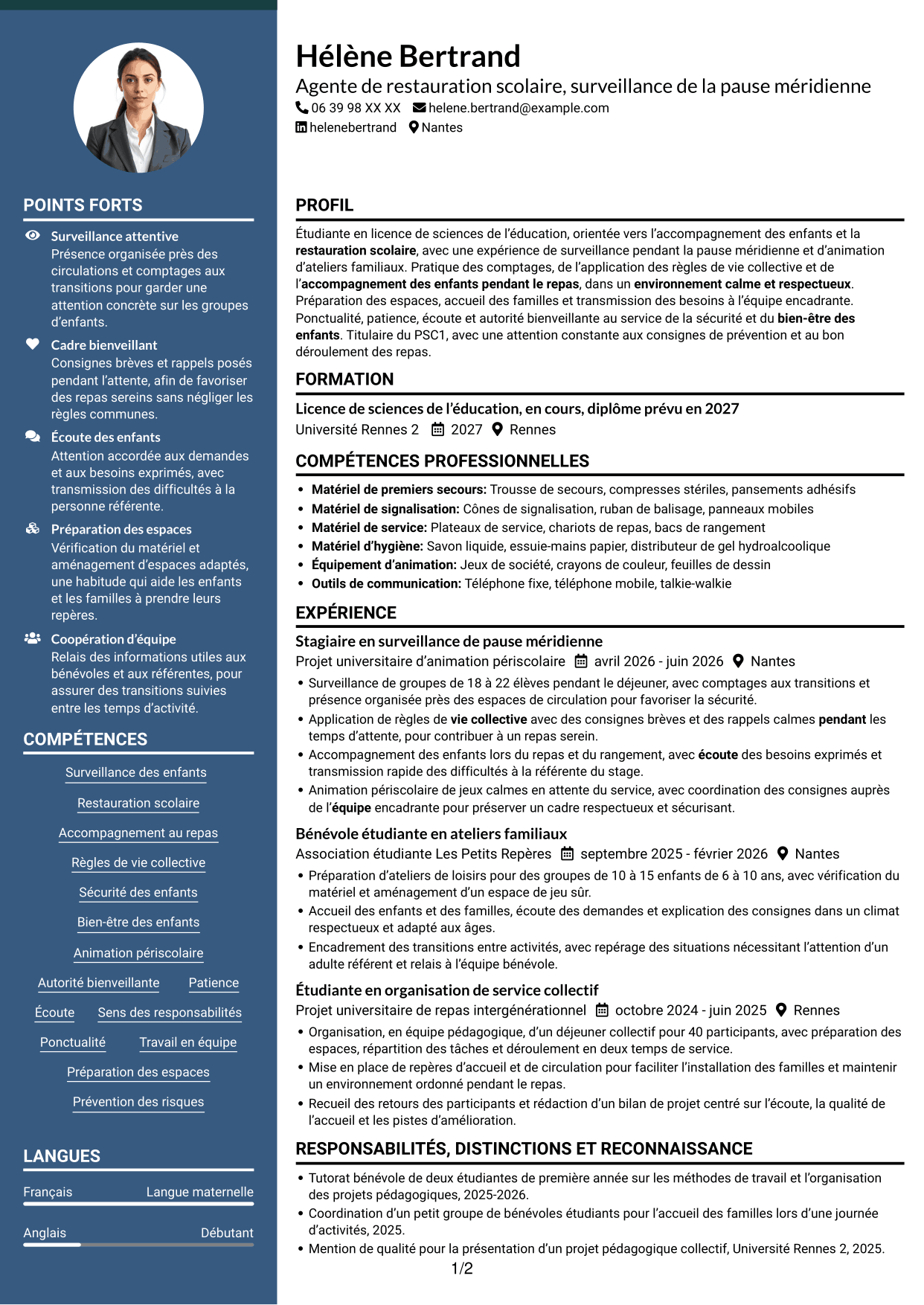 CV Élégant (format à colonne latérale colorée avec photo) : Agent de restauration - Surveillance de la pause méridienne, page 1
