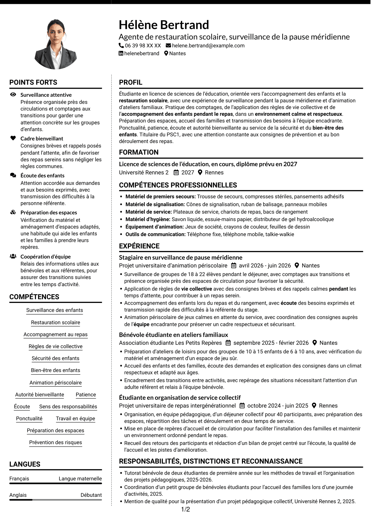 CV Moderne (format à deux colonnes avec photo à gauche et séparateur) : Agent de restauration - Surveillance de la pause méridienne, page 1