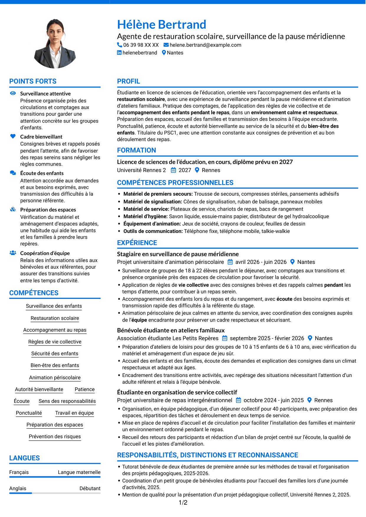 CV Audacieux (format à deux colonnes avec accents colorés et photo) : Agent de restauration - Surveillance de la pause méridienne, page 1