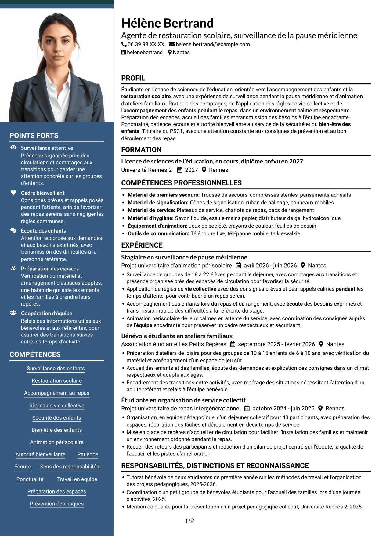 CV Signature (format à colonne latérale colorée avec grande photo) : Agent de restauration - Surveillance de la pause méridienne, page 1