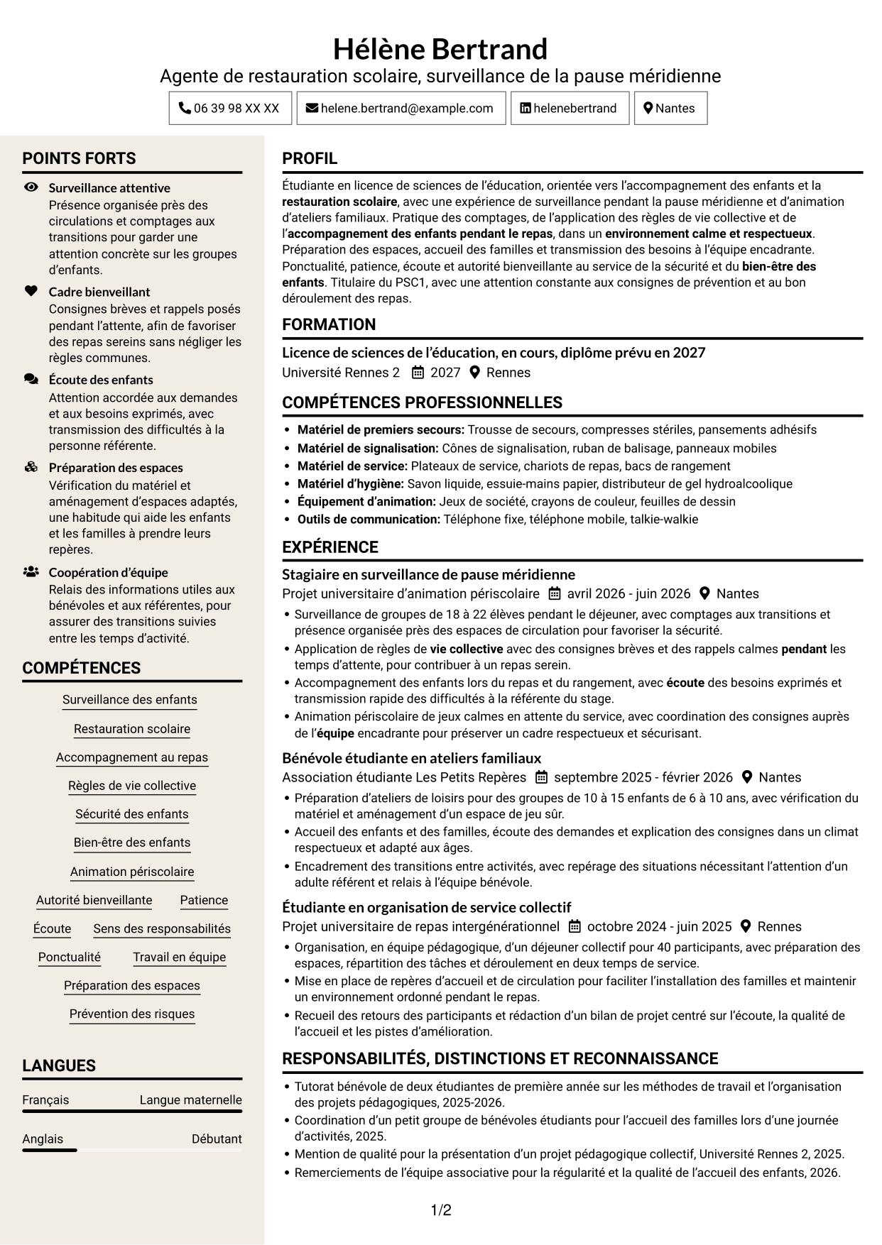 CV Fonceur (format à deux colonnes avec en-tête centré sans photo) : Agent de restauration - Surveillance de la pause méridienne, page 1