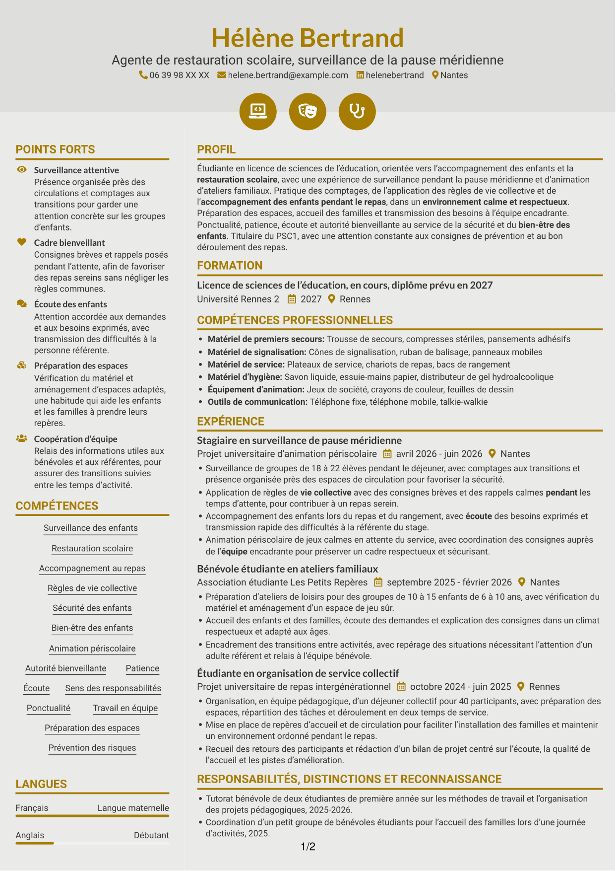 CV Dynamique (format à deux colonnes avec icônes) : Agent de restauration - Surveillance de la pause méridienne, page 1