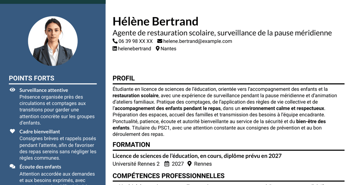 7 modèles de CV pour Agent de restauration - Surveillance de la pause méridienne, avec exemples