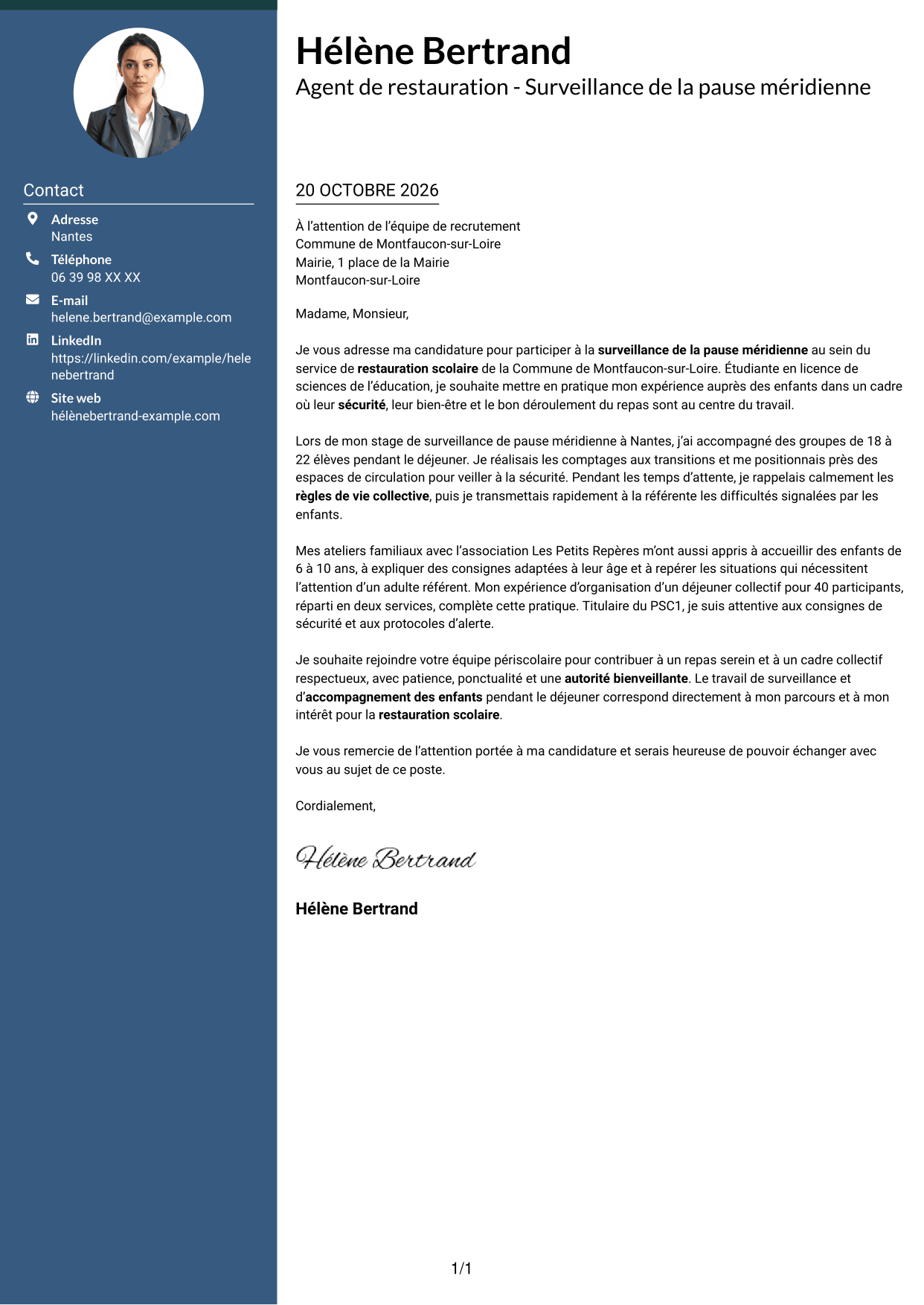 Lettre de motivation Élégant (format à colonne latérale colorée avec photo) : Agent de restauration - Surveillance de la pause méridienne, page 1