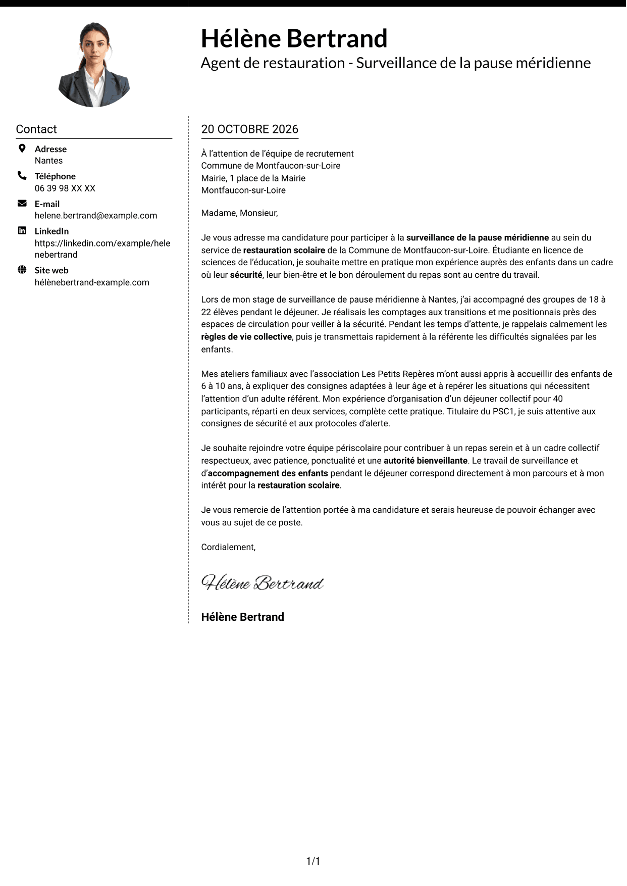 Lettre de motivation Moderne (format à deux colonnes avec photo à gauche et séparateur) : Agent de restauration - Surveillance de la pause méridienne, page 1