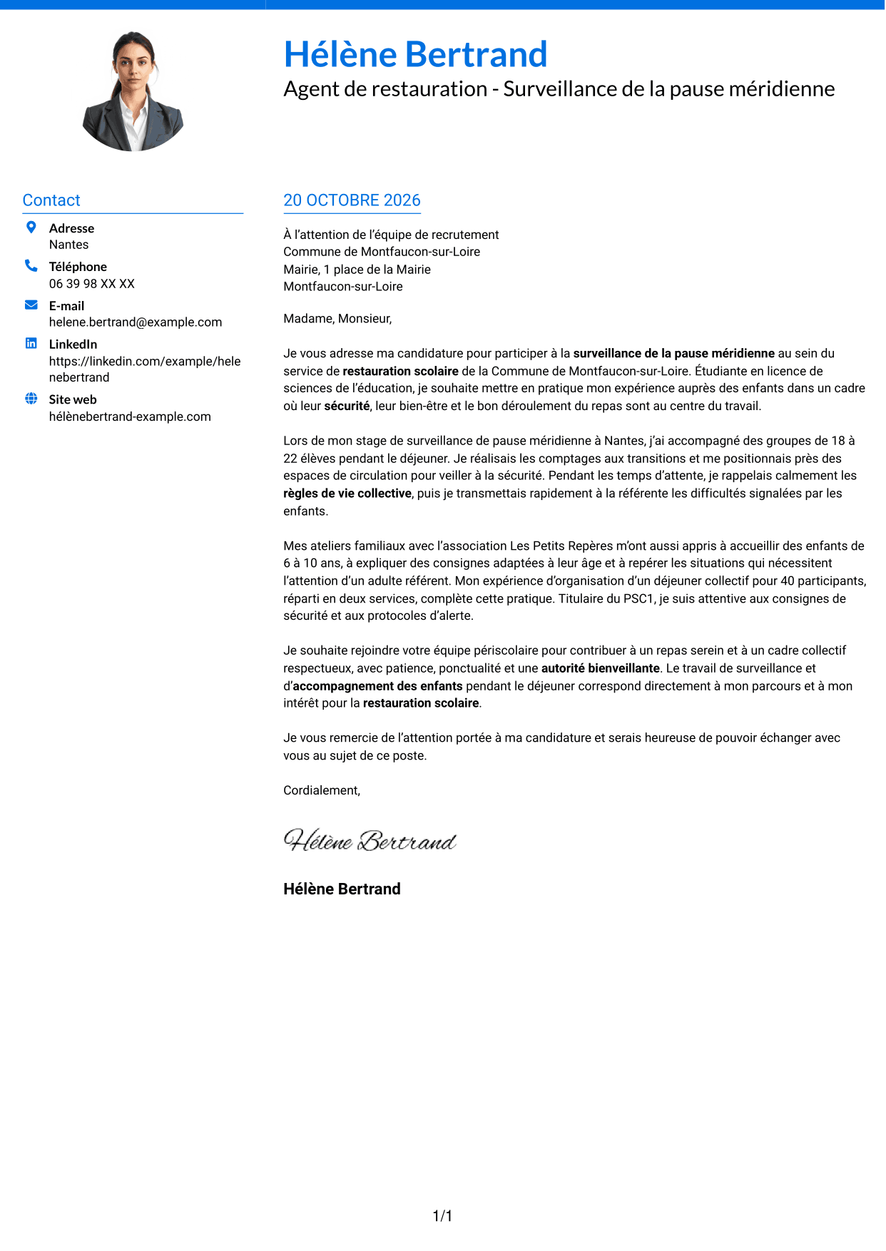 Lettre de motivation Audacieux (format à deux colonnes avec accents colorés et photo) : Agent de restauration - Surveillance de la pause méridienne, page 1
