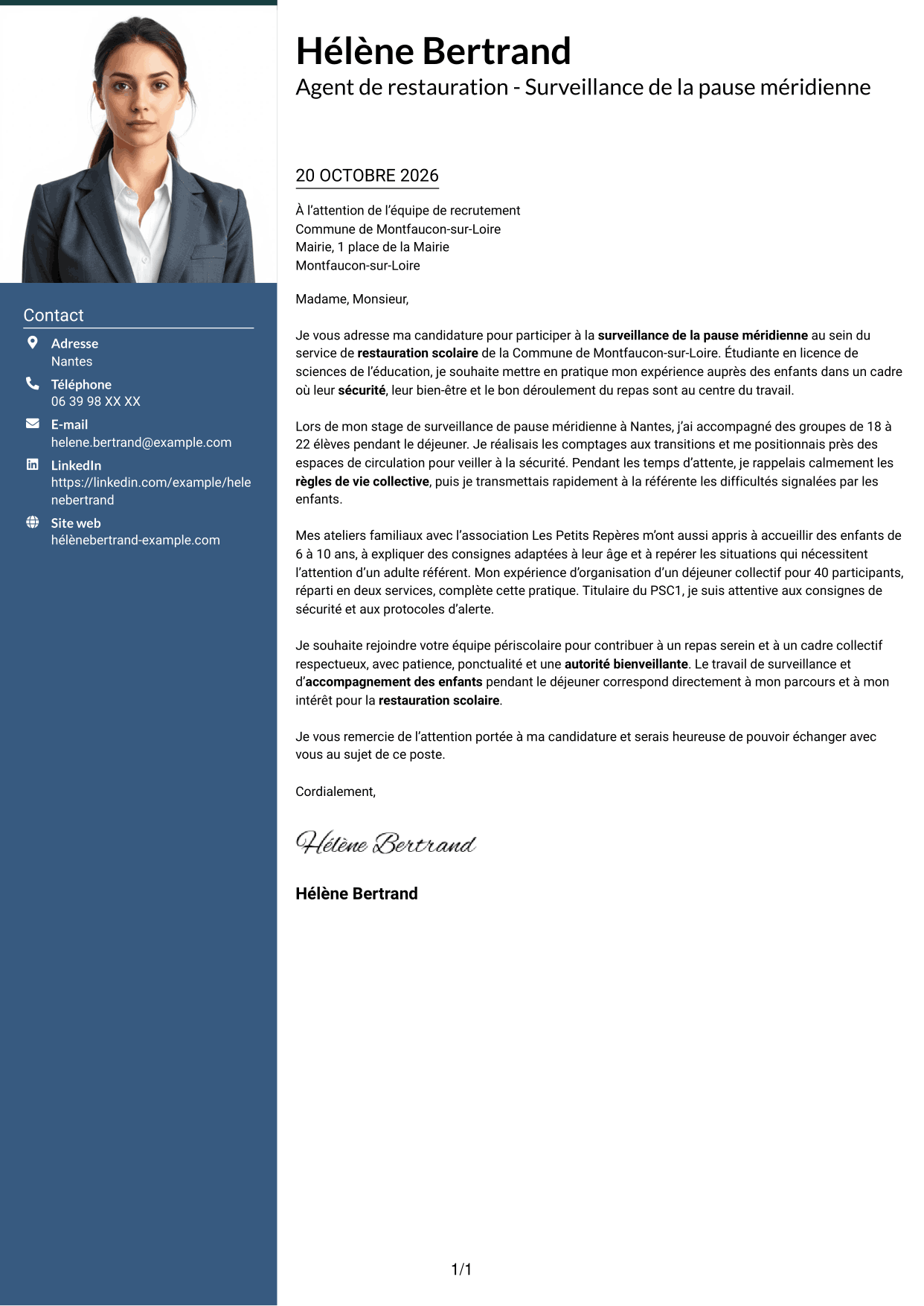 Lettre de motivation Signature (format à colonne latérale colorée avec grande photo) : Agent de restauration - Surveillance de la pause méridienne, page 1