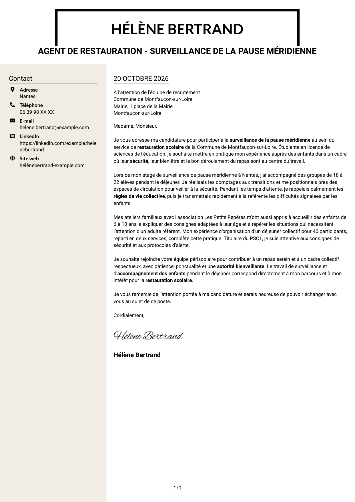 Lettre de motivation Fonceur (format à deux colonnes avec en-tête centré sans photo) : Agent de restauration - Surveillance de la pause méridienne, page 1