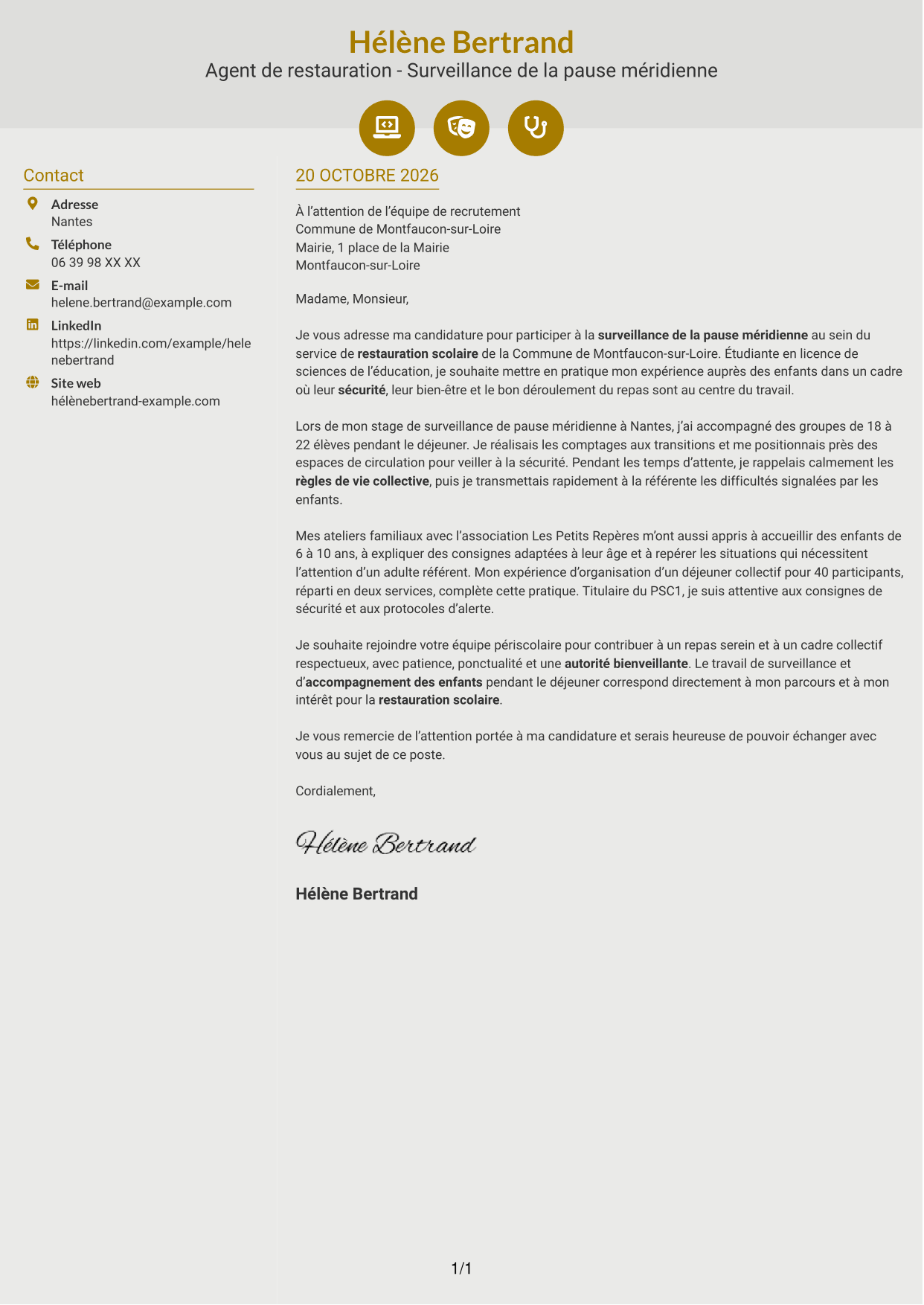 Lettre de motivation Dynamique (format à deux colonnes avec icônes) : Agent de restauration - Surveillance de la pause méridienne, page 1
