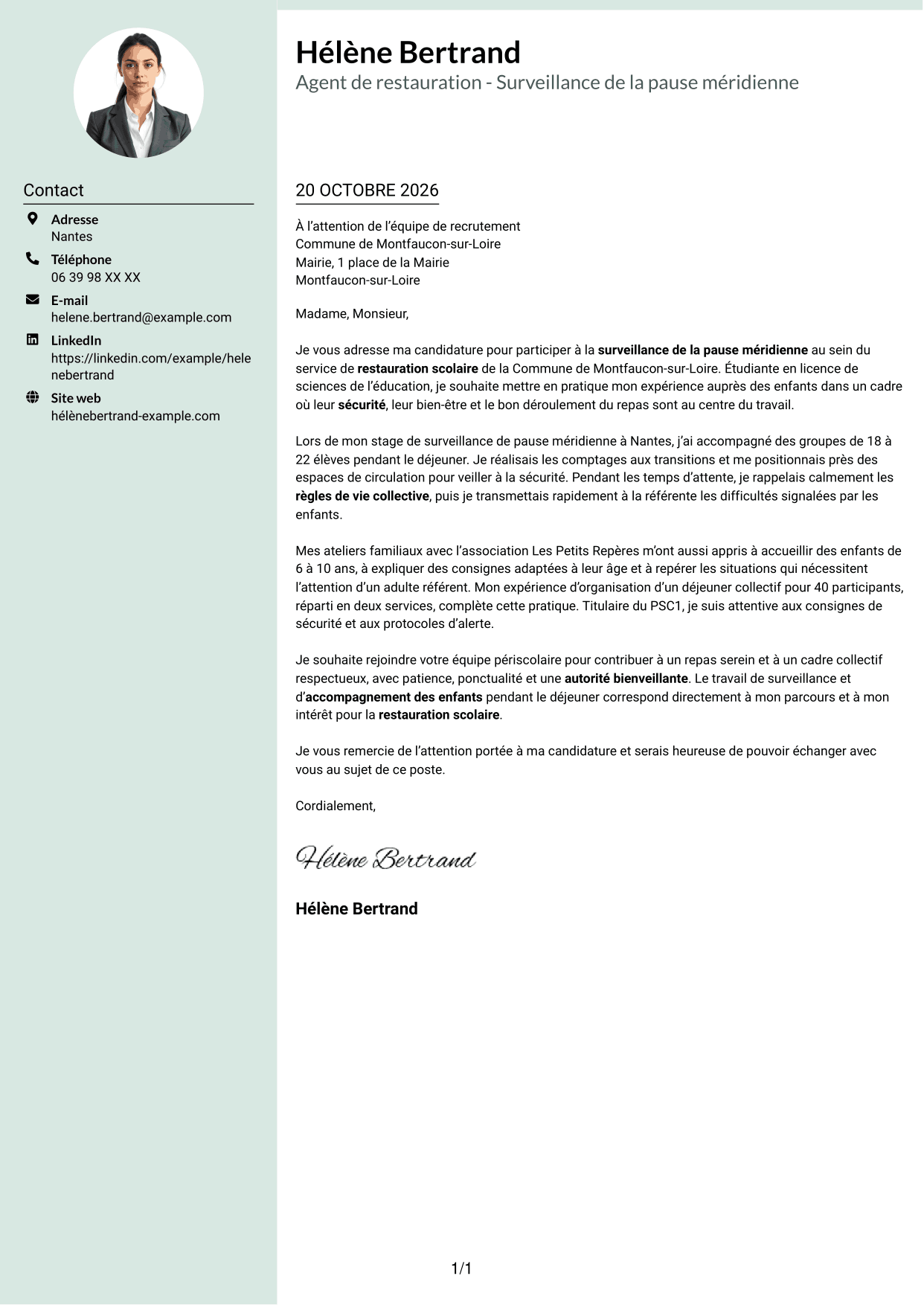 Lettre de motivation Cadre (format à colonne latérale douce avec photo arrondie) : Agent de restauration - Surveillance de la pause méridienne, page 1
