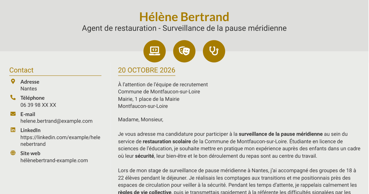 7 modèles de lettre de motivation pour Agent de restauration - Surveillance de la pause méridienne, avec exemples