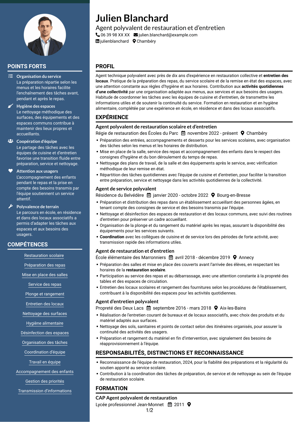 CV Élégant (format à colonne latérale colorée avec photo) : Agent de services polyvalent - Restauration scolaire et entretien des locaux, page 1