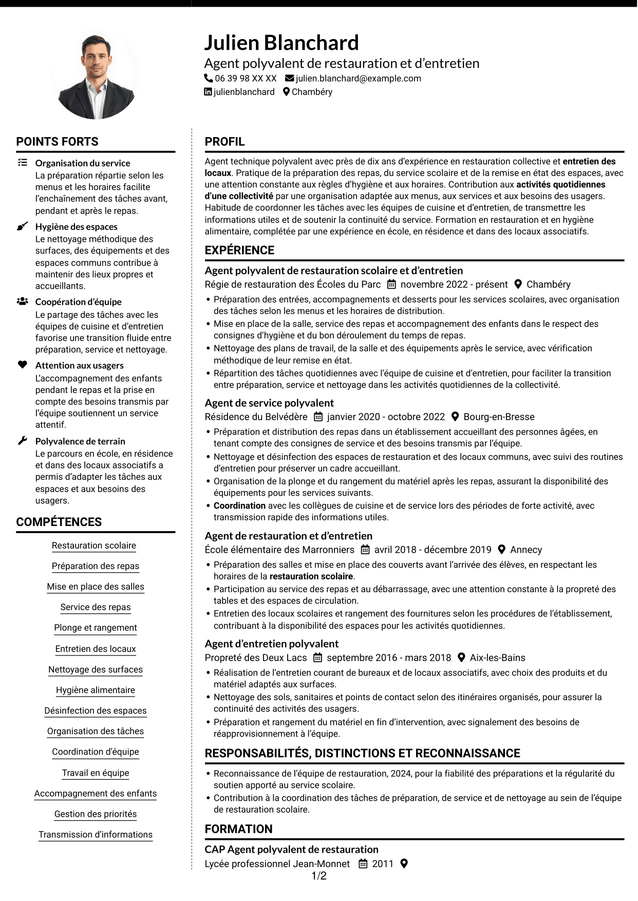 CV Moderne (format à deux colonnes avec photo à gauche et séparateur) : Agent de services polyvalent - Restauration scolaire et entretien des locaux, page 1