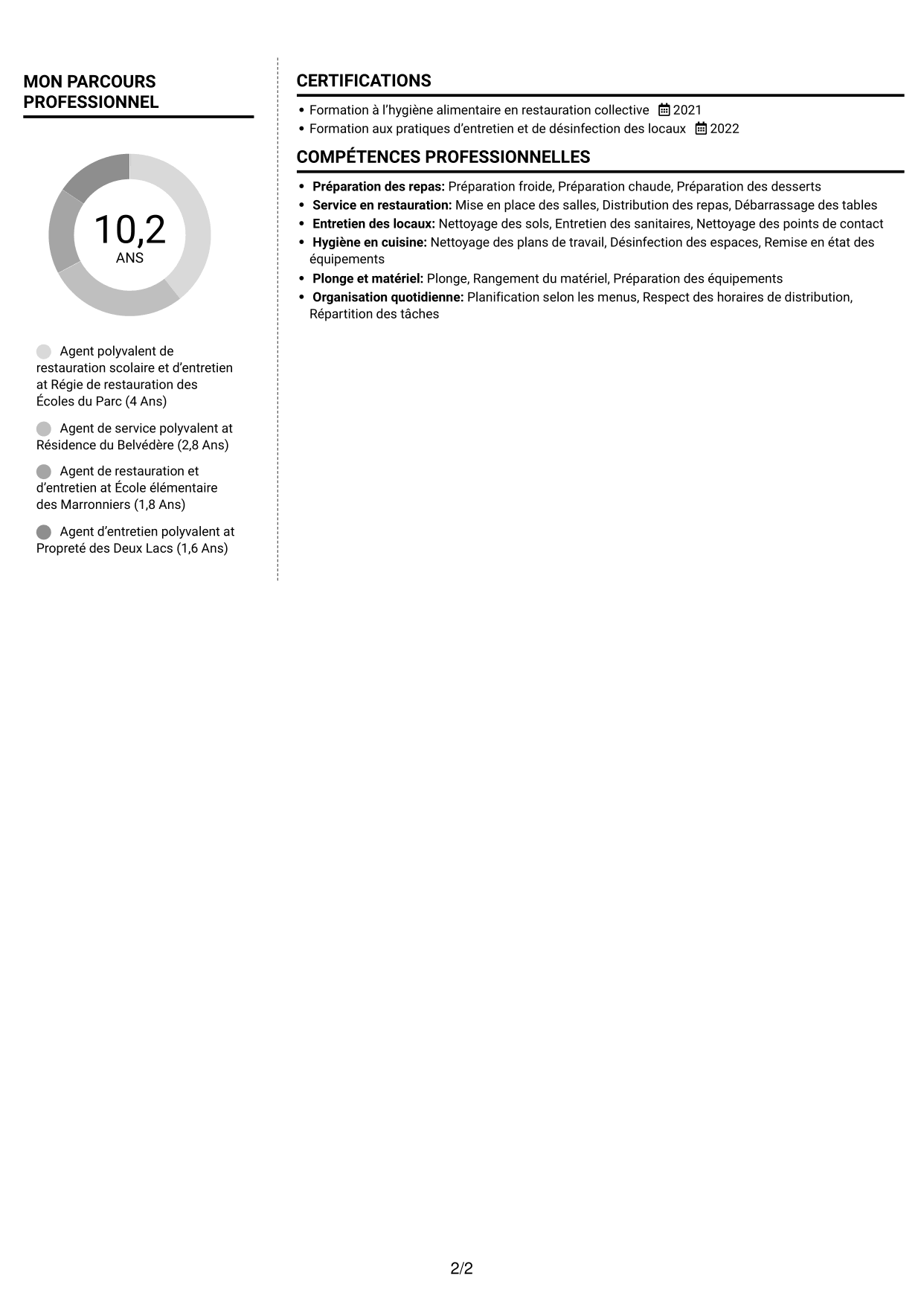 CV Moderne (format à deux colonnes avec photo à gauche et séparateur) : Agent de services polyvalent - Restauration scolaire et entretien des locaux, page 2