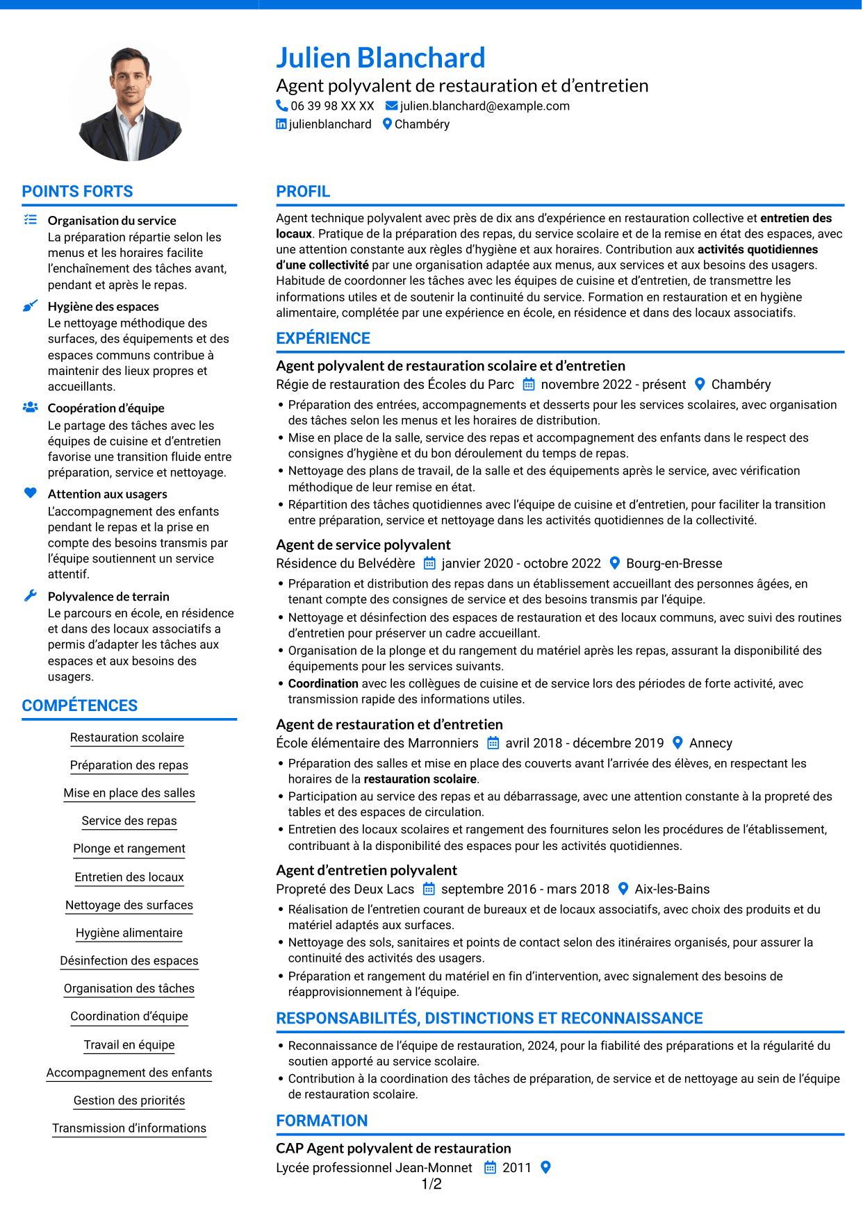 CV Audacieux (format à deux colonnes avec accents colorés et photo) : Agent de services polyvalent - Restauration scolaire et entretien des locaux, page 1