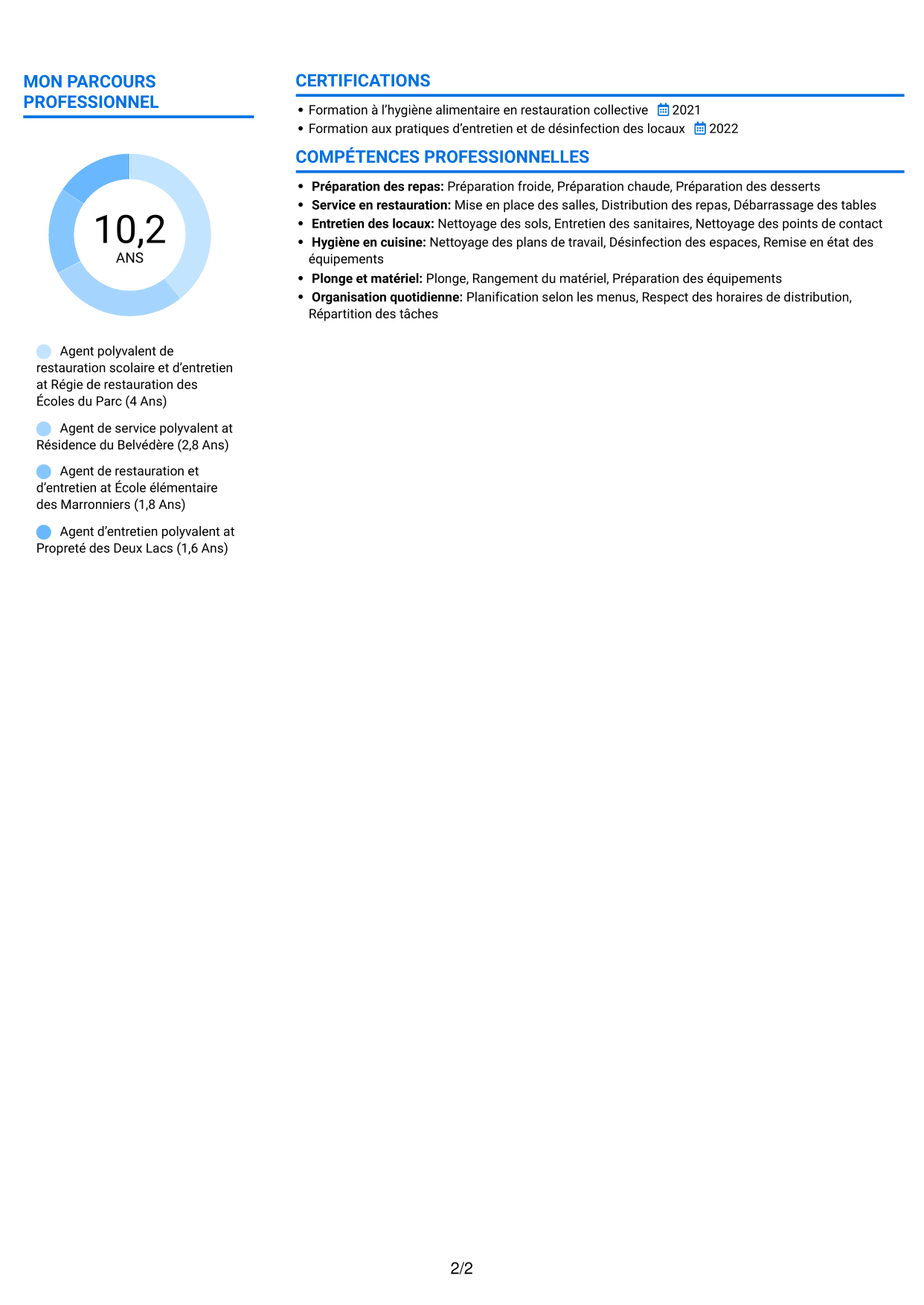CV Audacieux (format à deux colonnes avec accents colorés et photo) : Agent de services polyvalent - Restauration scolaire et entretien des locaux, page 2