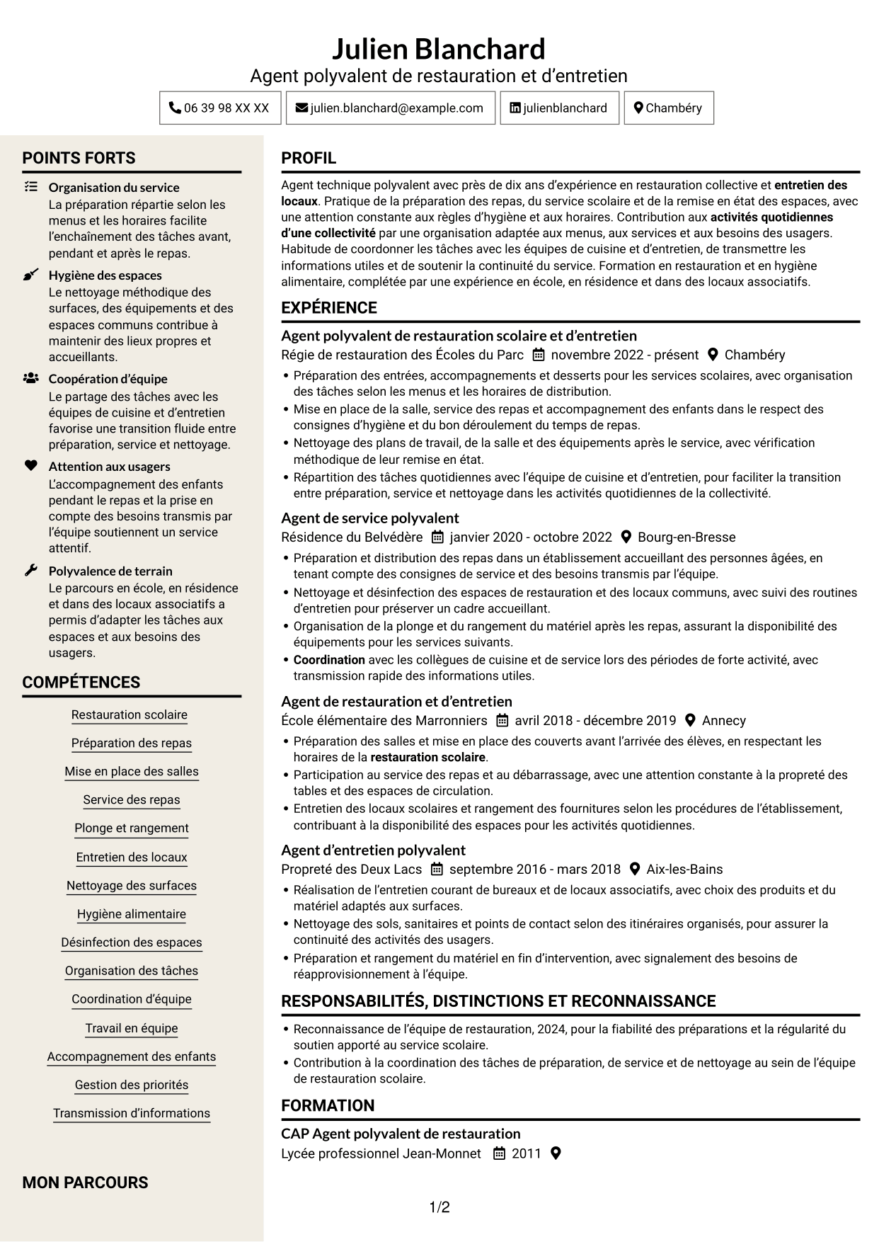 CV Fonceur (format à deux colonnes avec en-tête centré sans photo) : Agent de services polyvalent - Restauration scolaire et entretien des locaux, page 1