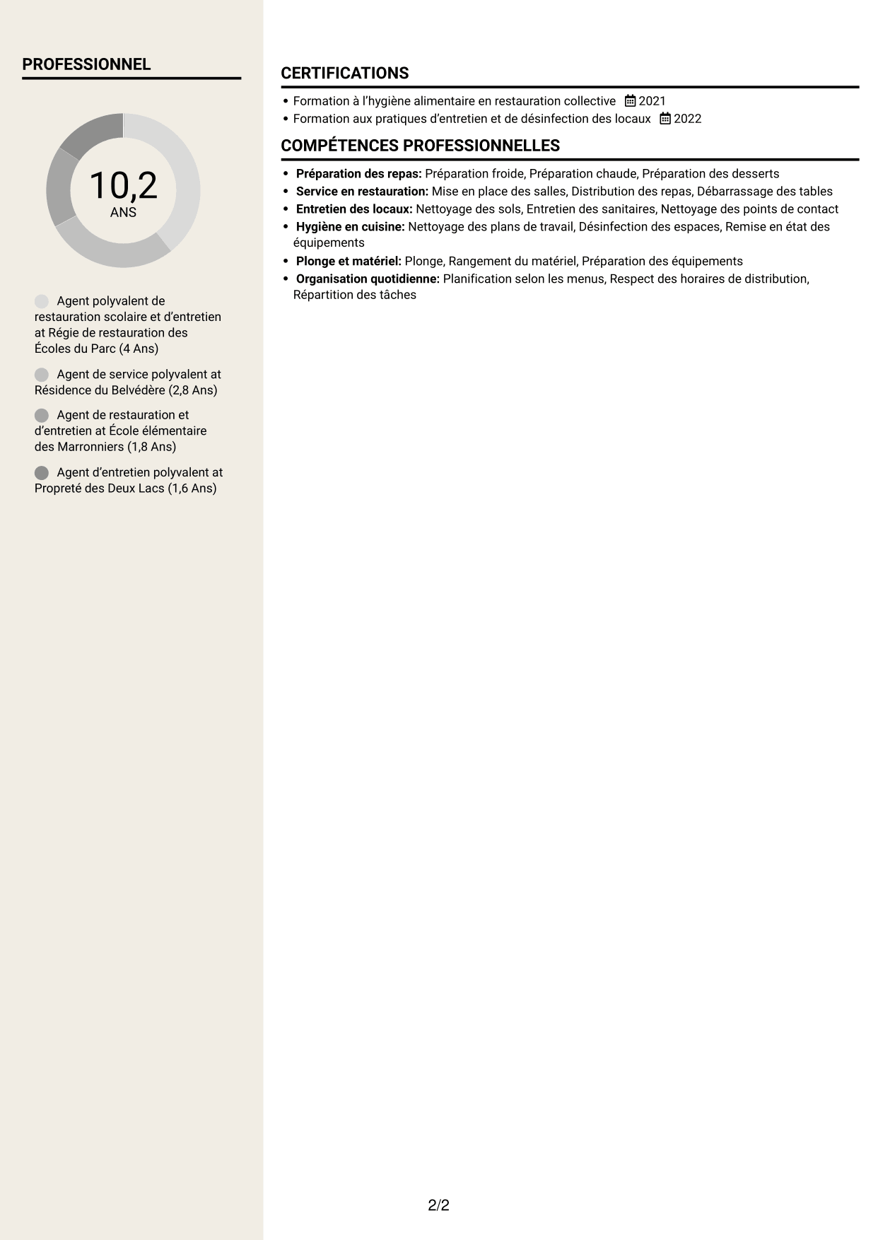CV Fonceur (format à deux colonnes avec en-tête centré sans photo) : Agent de services polyvalent - Restauration scolaire et entretien des locaux, page 2
