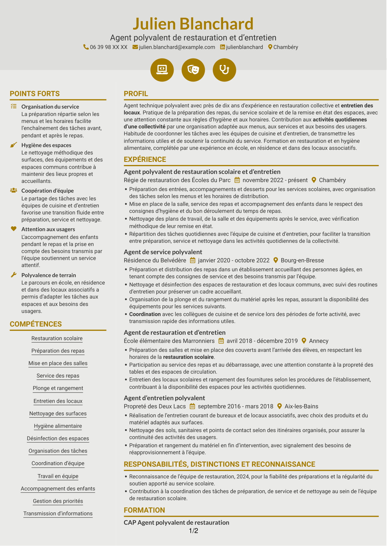 CV Dynamique (format à deux colonnes avec icônes) : Agent de services polyvalent - Restauration scolaire et entretien des locaux, page 1