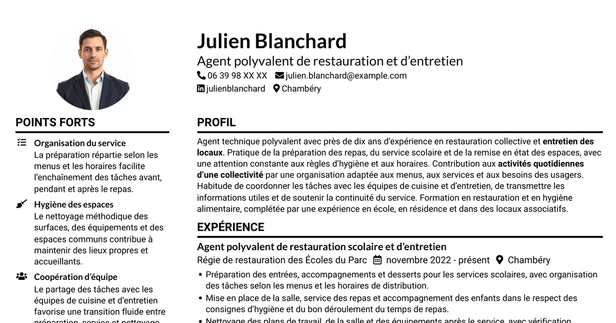 7 modèles de CV pour Agent de services polyvalent - Restauration scolaire et entretien des locaux, avec exemples