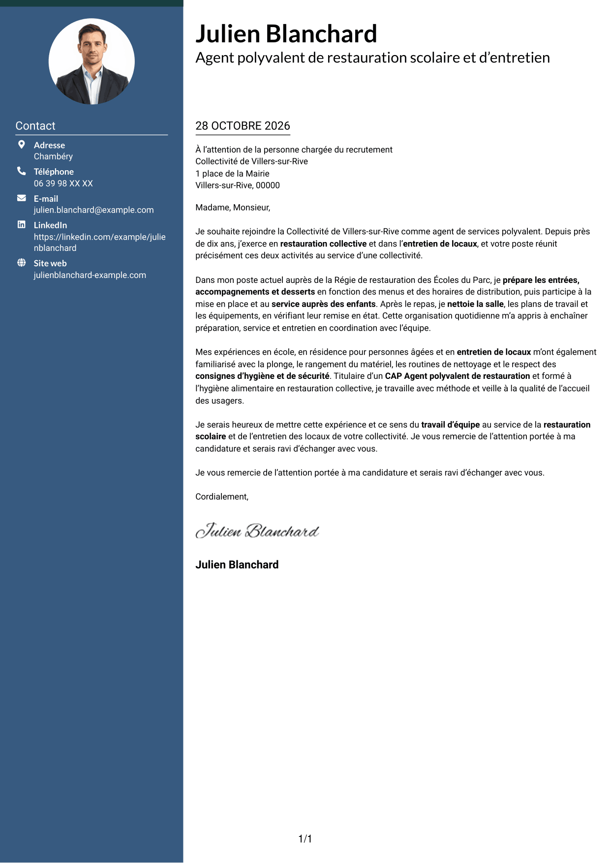 Lettre de motivation Élégant (format à colonne latérale colorée avec photo) : Agent de services polyvalent - Restauration scolaire et entretien des locaux, page 1