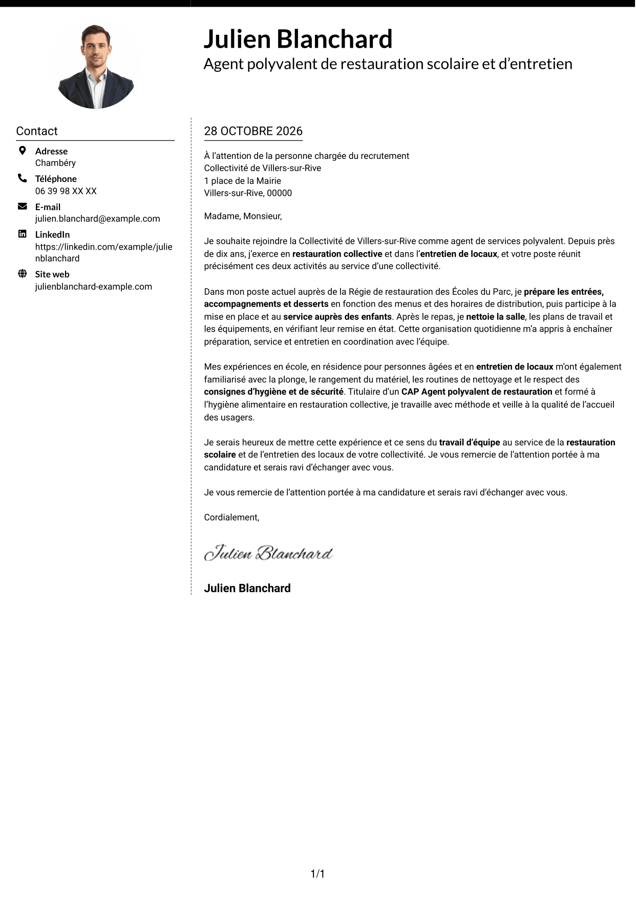Lettre de motivation Moderne (format à deux colonnes avec photo à gauche et séparateur) : Agent de services polyvalent - Restauration scolaire et entretien des locaux, page 1