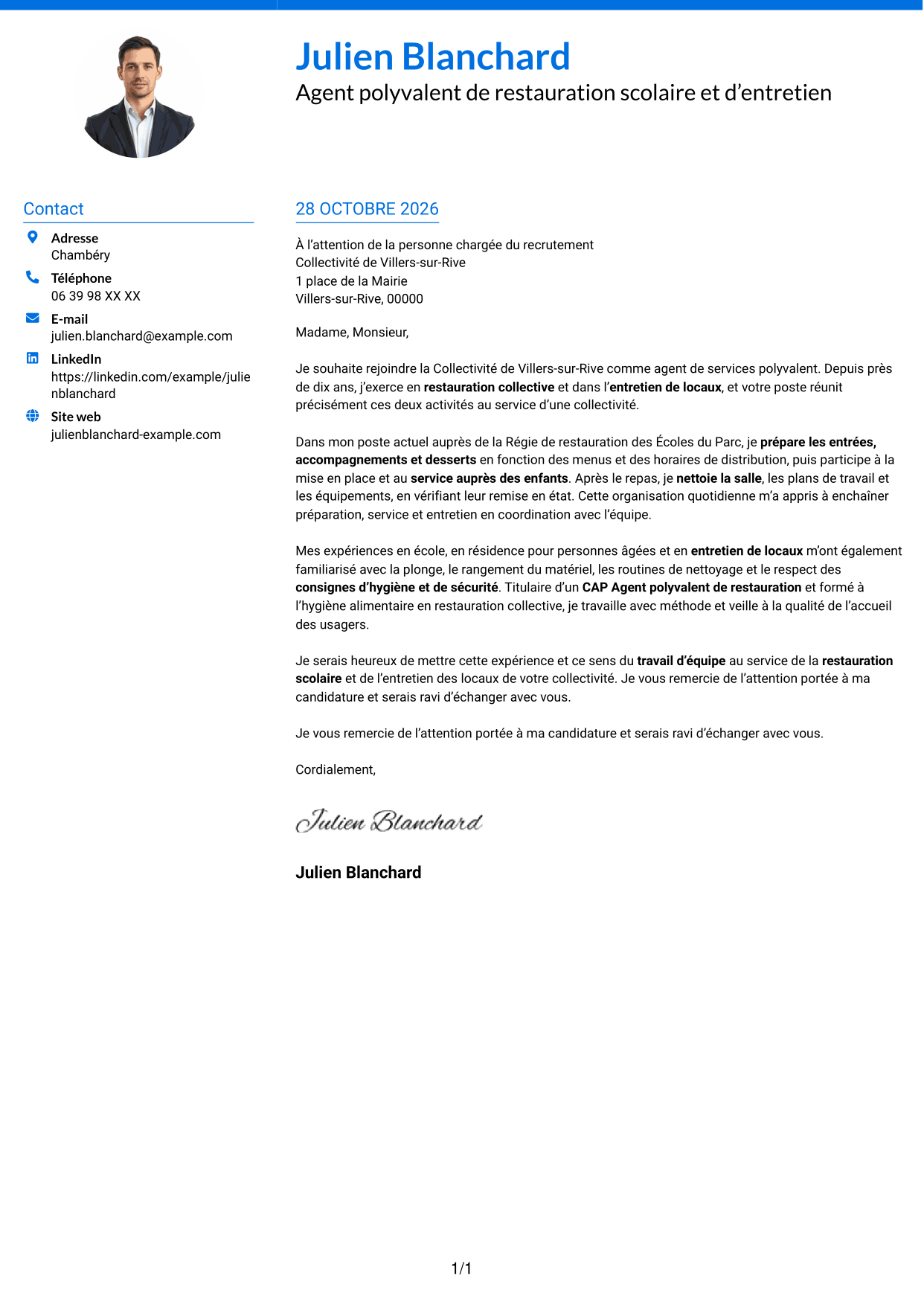 Lettre de motivation Audacieux (format à deux colonnes avec accents colorés et photo) : Agent de services polyvalent - Restauration scolaire et entretien des locaux, page 1