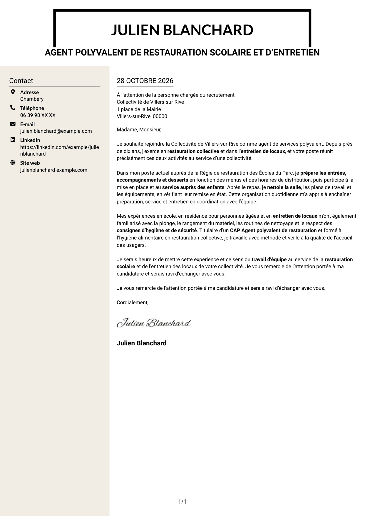 Lettre de motivation Fonceur (format à deux colonnes avec en-tête centré sans photo) : Agent de services polyvalent - Restauration scolaire et entretien des locaux, page 1