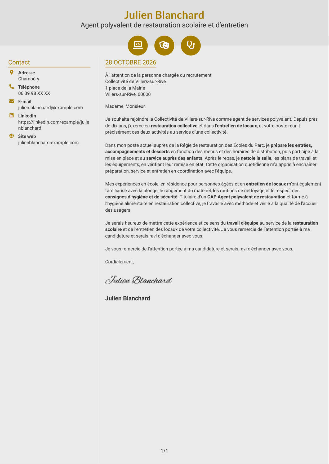 Lettre de motivation Dynamique (format à deux colonnes avec icônes) : Agent de services polyvalent - Restauration scolaire et entretien des locaux, page 1