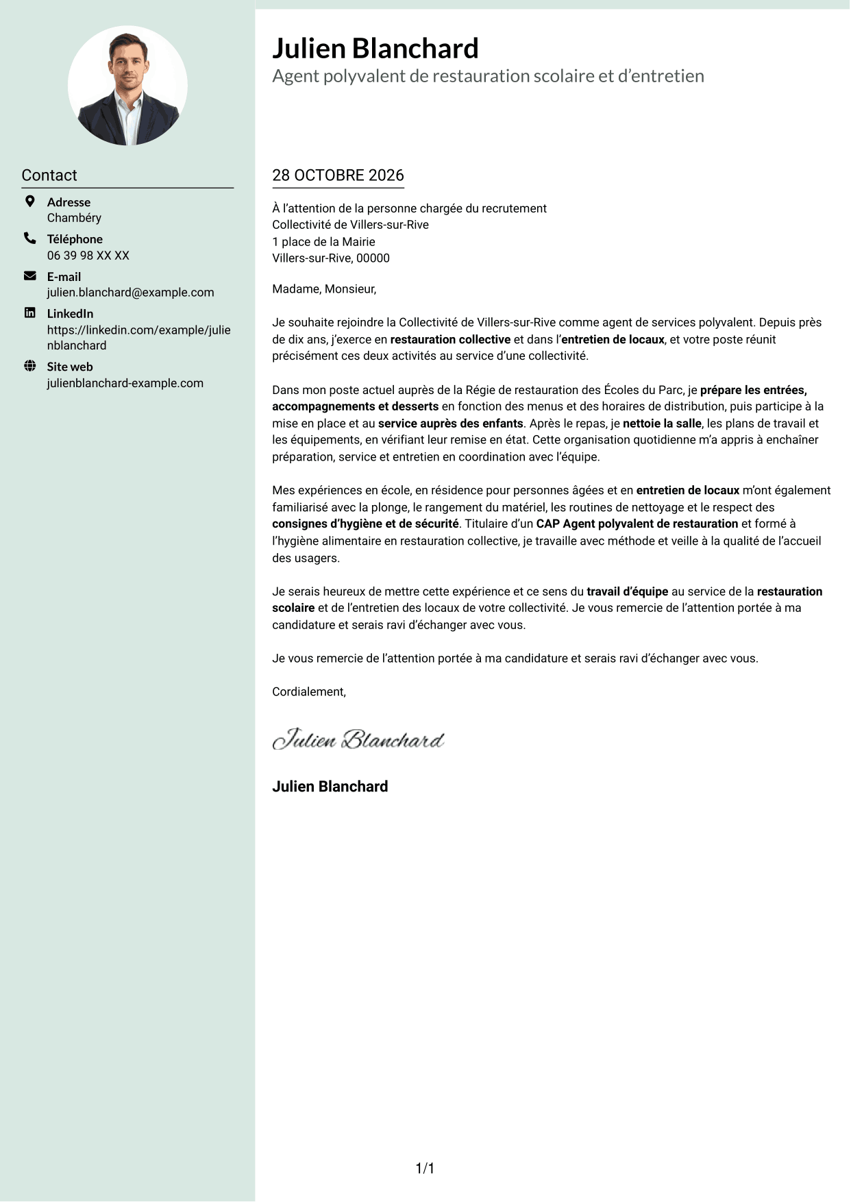 Lettre de motivation Cadre (format à colonne latérale douce avec photo arrondie) : Agent de services polyvalent - Restauration scolaire et entretien des locaux, page 1