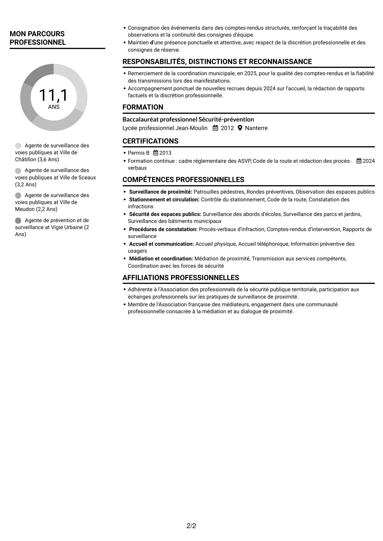 CV Compact (format sobre à deux colonnes avec photo) : Agent de surveillance des voies publiques - Stationnement et médiation, page 2