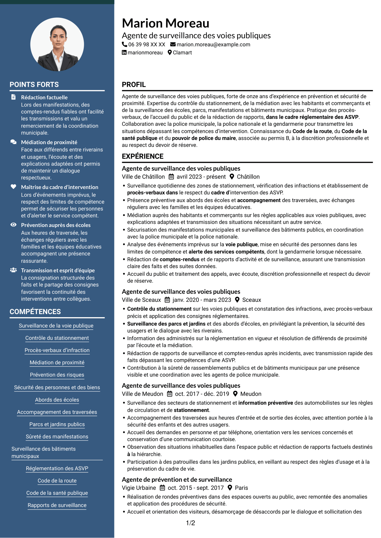 CV Élégant (format à colonne latérale colorée avec photo) : Agent de surveillance des voies publiques - Stationnement et médiation, page 1