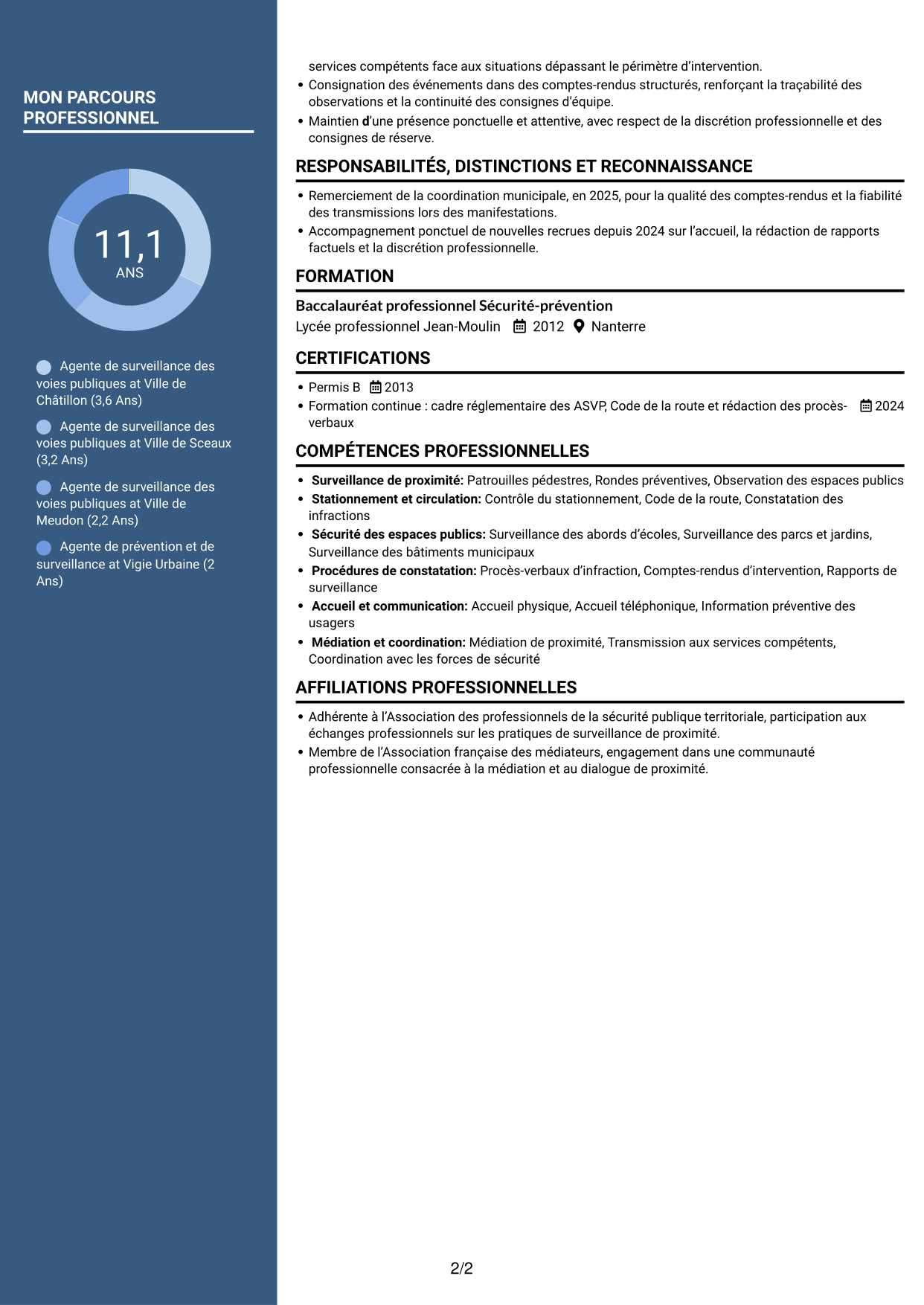 CV Élégant (format à colonne latérale colorée avec photo) : Agent de surveillance des voies publiques - Stationnement et médiation, page 2