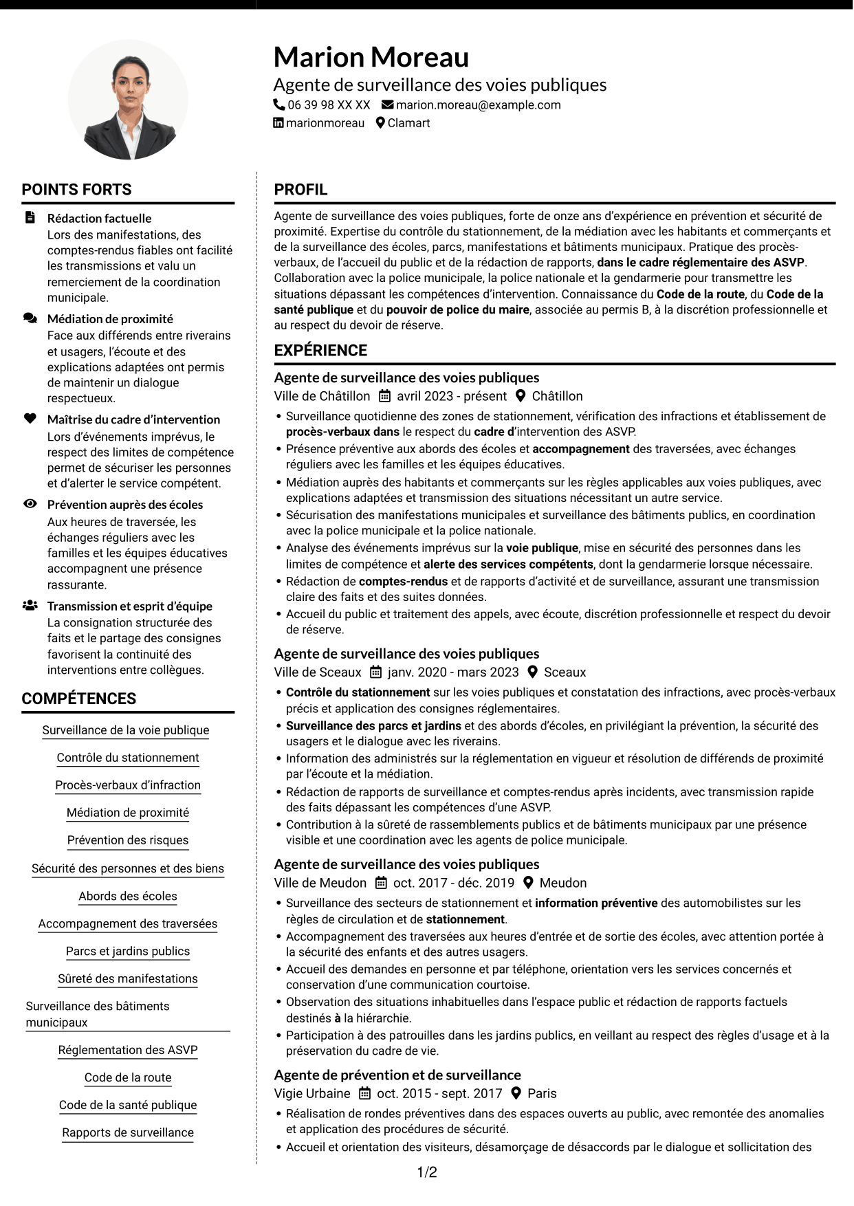 CV Moderne (format à deux colonnes avec photo à gauche et séparateur) : Agent de surveillance des voies publiques - Stationnement et médiation, page 1