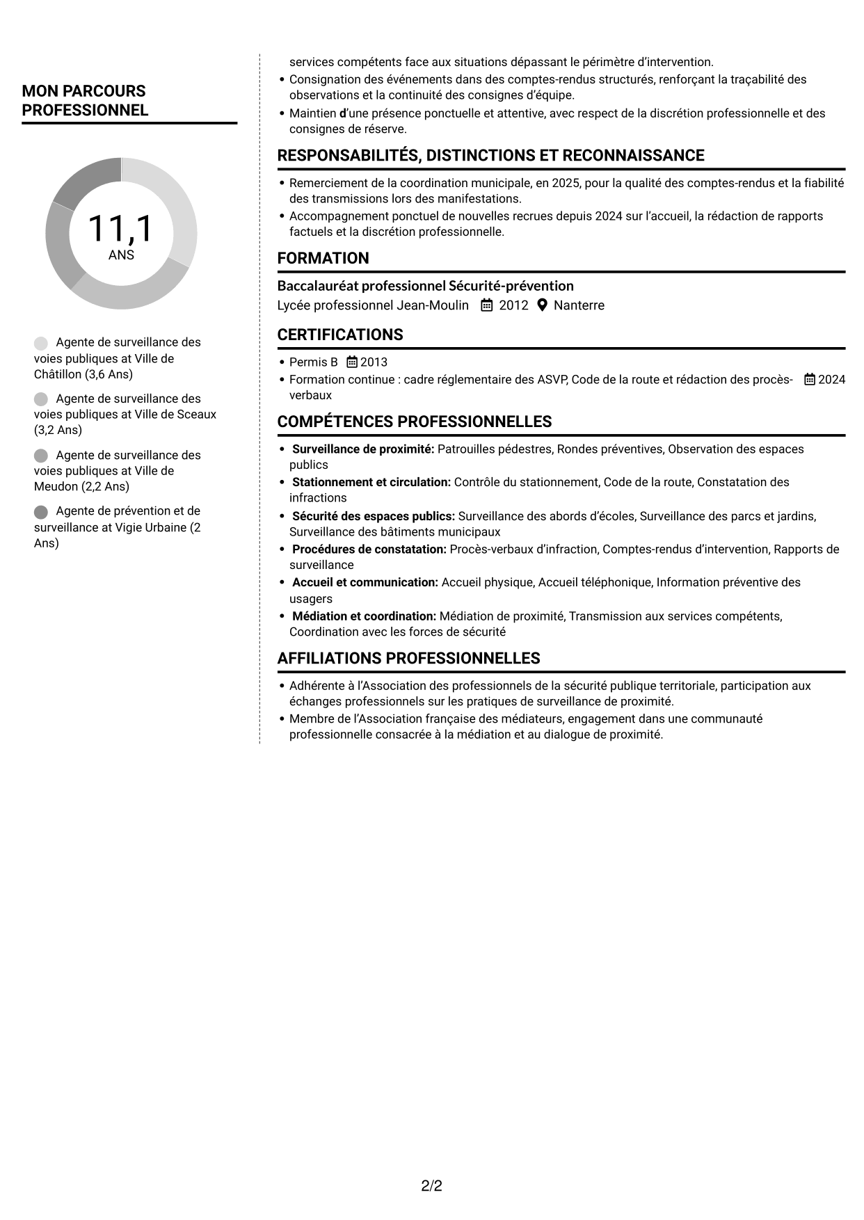 CV Moderne (format à deux colonnes avec photo à gauche et séparateur) : Agent de surveillance des voies publiques - Stationnement et médiation, page 2