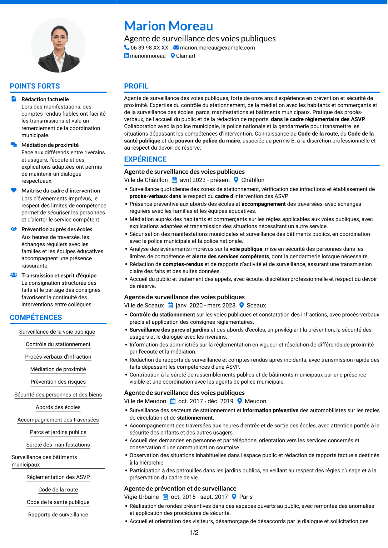 CV Audacieux (format à deux colonnes avec accents colorés et photo) : Agent de surveillance des voies publiques - Stationnement et médiation, page 1