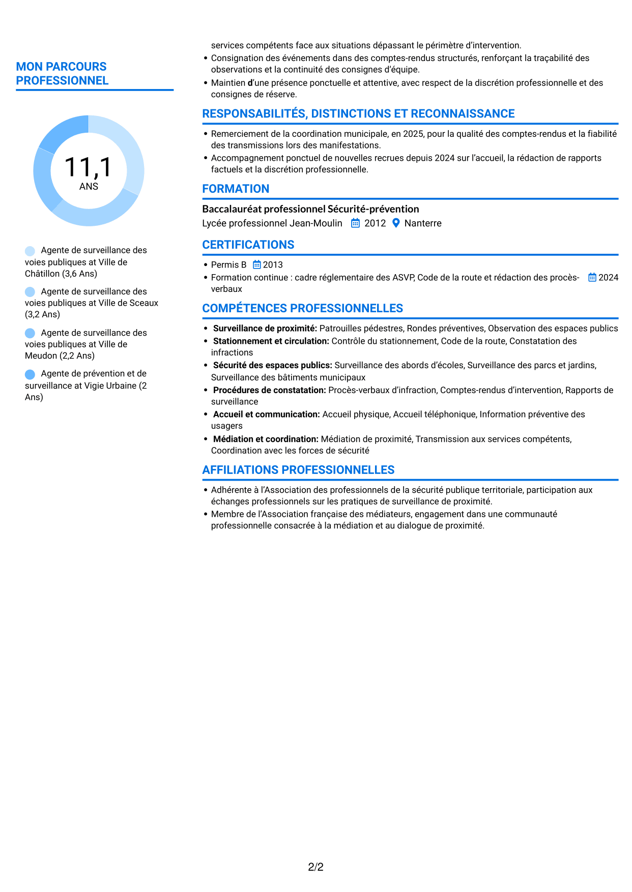 CV Audacieux (format à deux colonnes avec accents colorés et photo) : Agent de surveillance des voies publiques - Stationnement et médiation, page 2