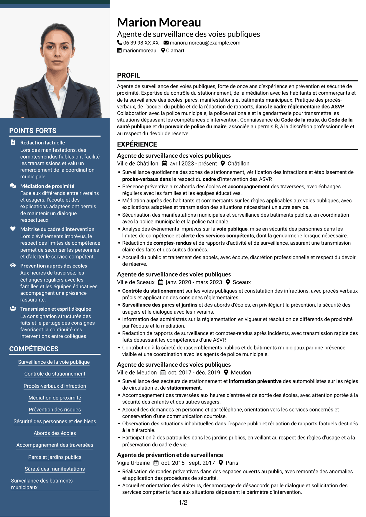 CV Signature (format à colonne latérale colorée avec grande photo) : Agent de surveillance des voies publiques - Stationnement et médiation, page 1