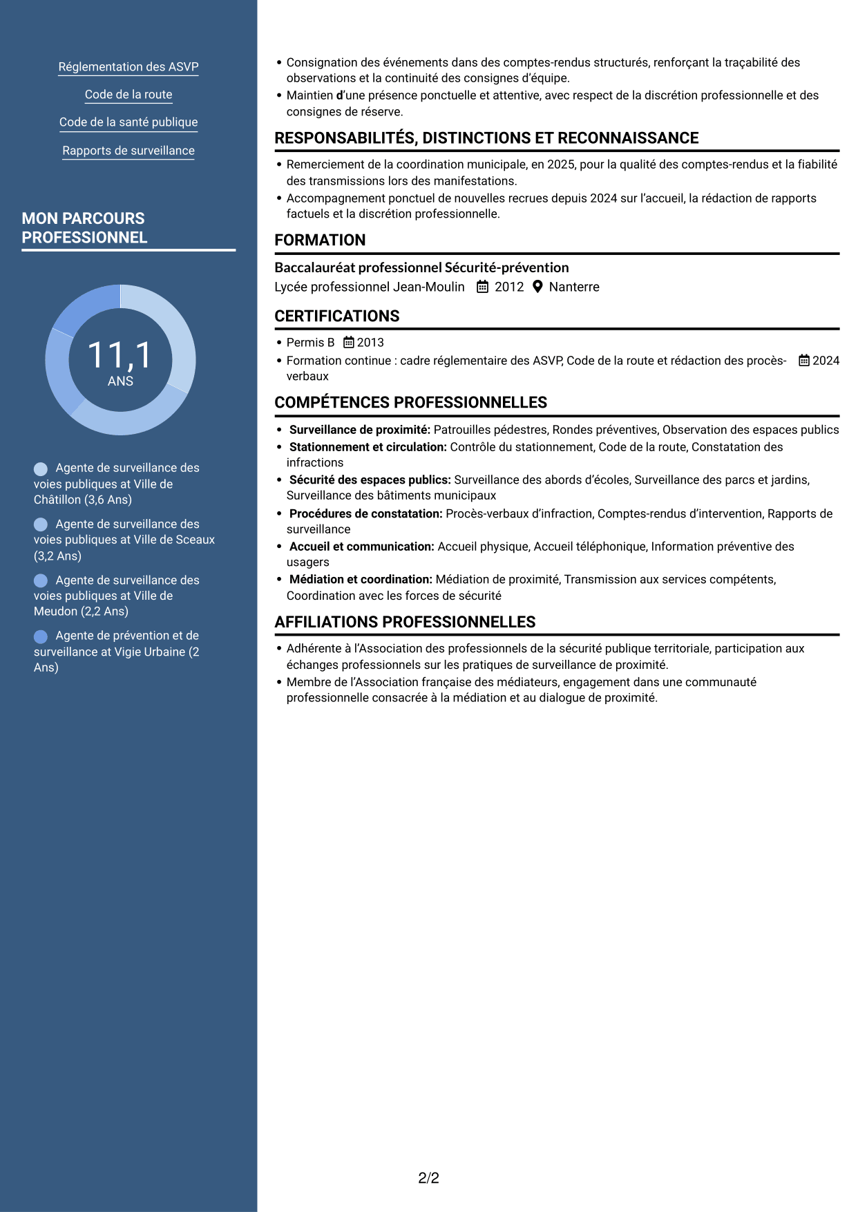 CV Signature (format à colonne latérale colorée avec grande photo) : Agent de surveillance des voies publiques - Stationnement et médiation, page 2