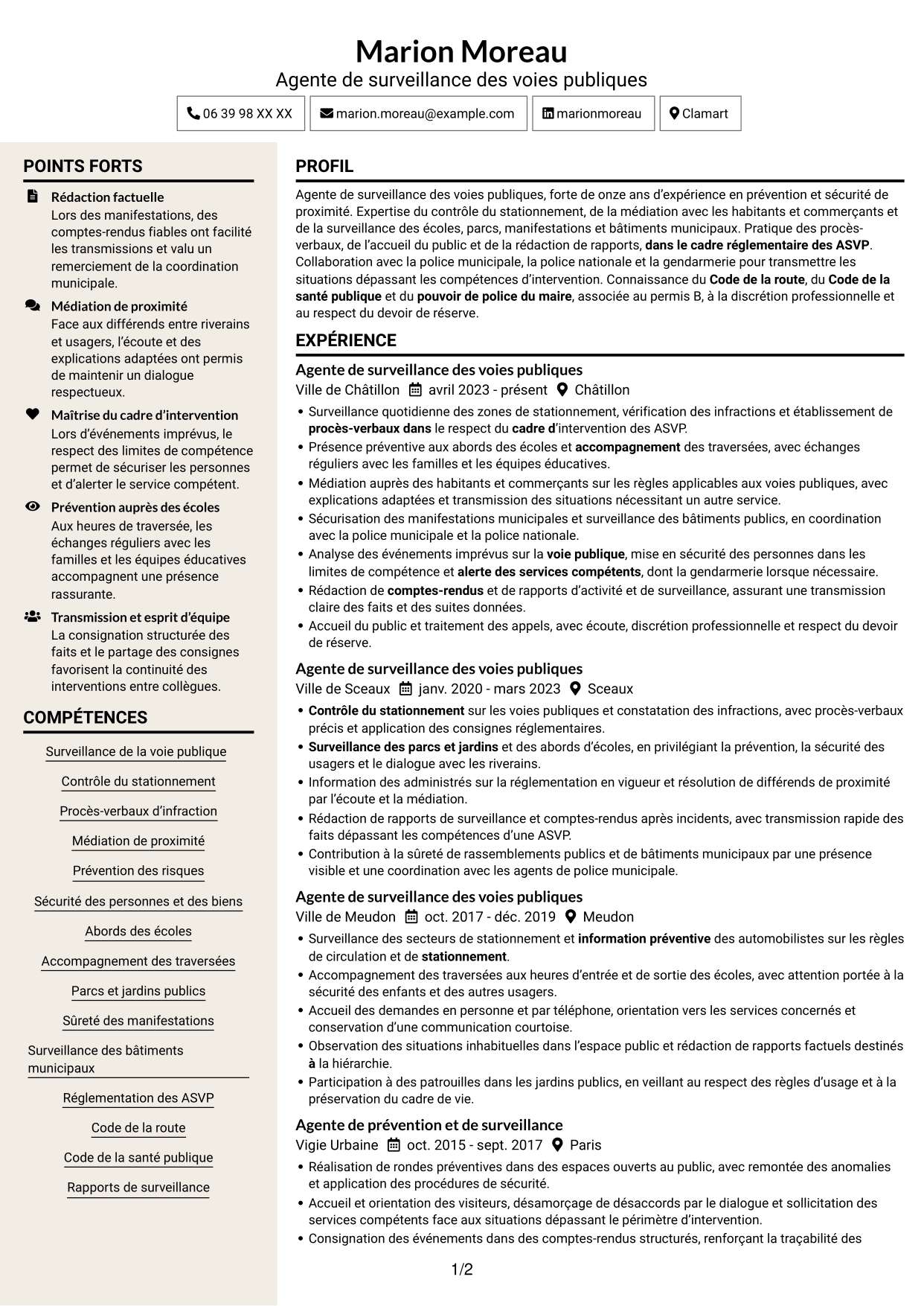 CV Fonceur (format à deux colonnes avec en-tête centré sans photo) : Agent de surveillance des voies publiques - Stationnement et médiation, page 1