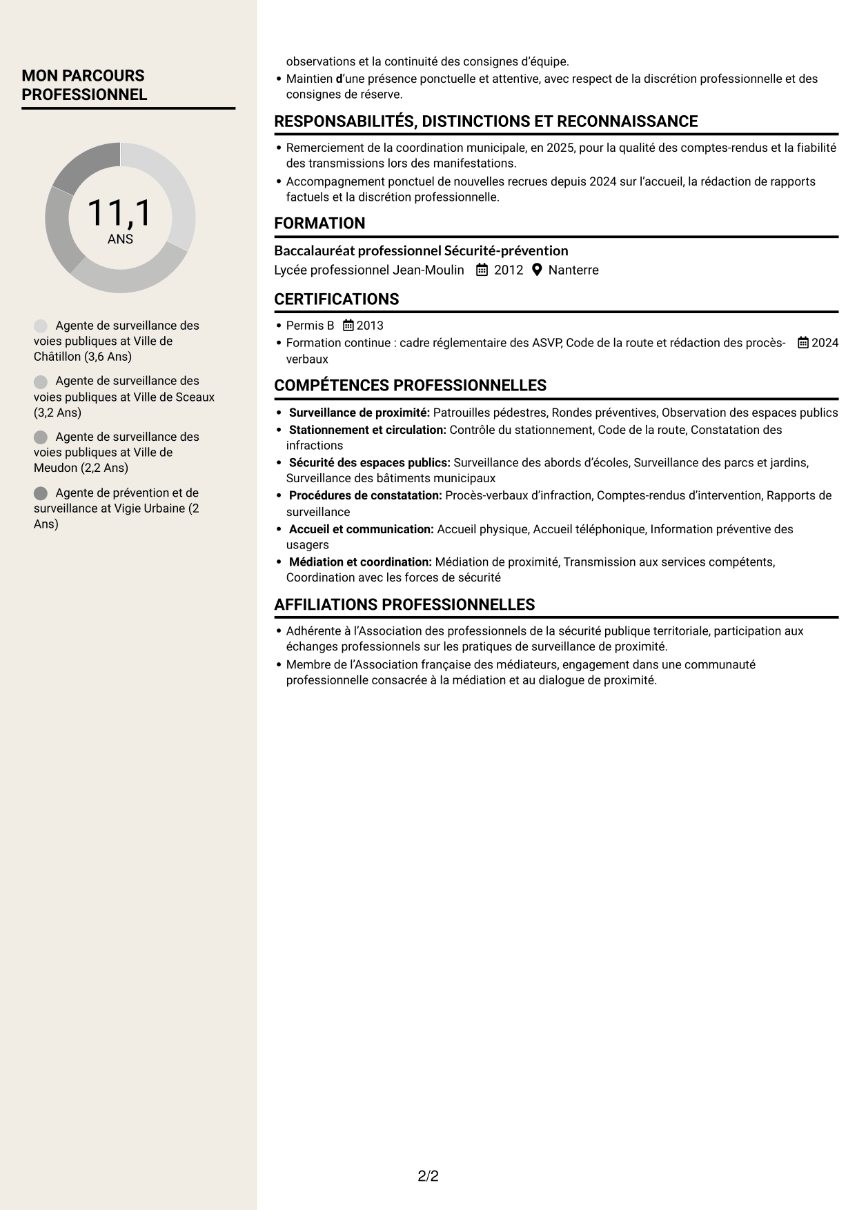 CV Fonceur (format à deux colonnes avec en-tête centré sans photo) : Agent de surveillance des voies publiques - Stationnement et médiation, page 2