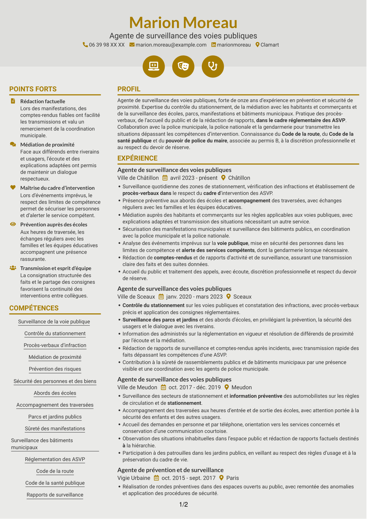 CV Dynamique (format à deux colonnes avec icônes) : Agent de surveillance des voies publiques - Stationnement et médiation, page 1